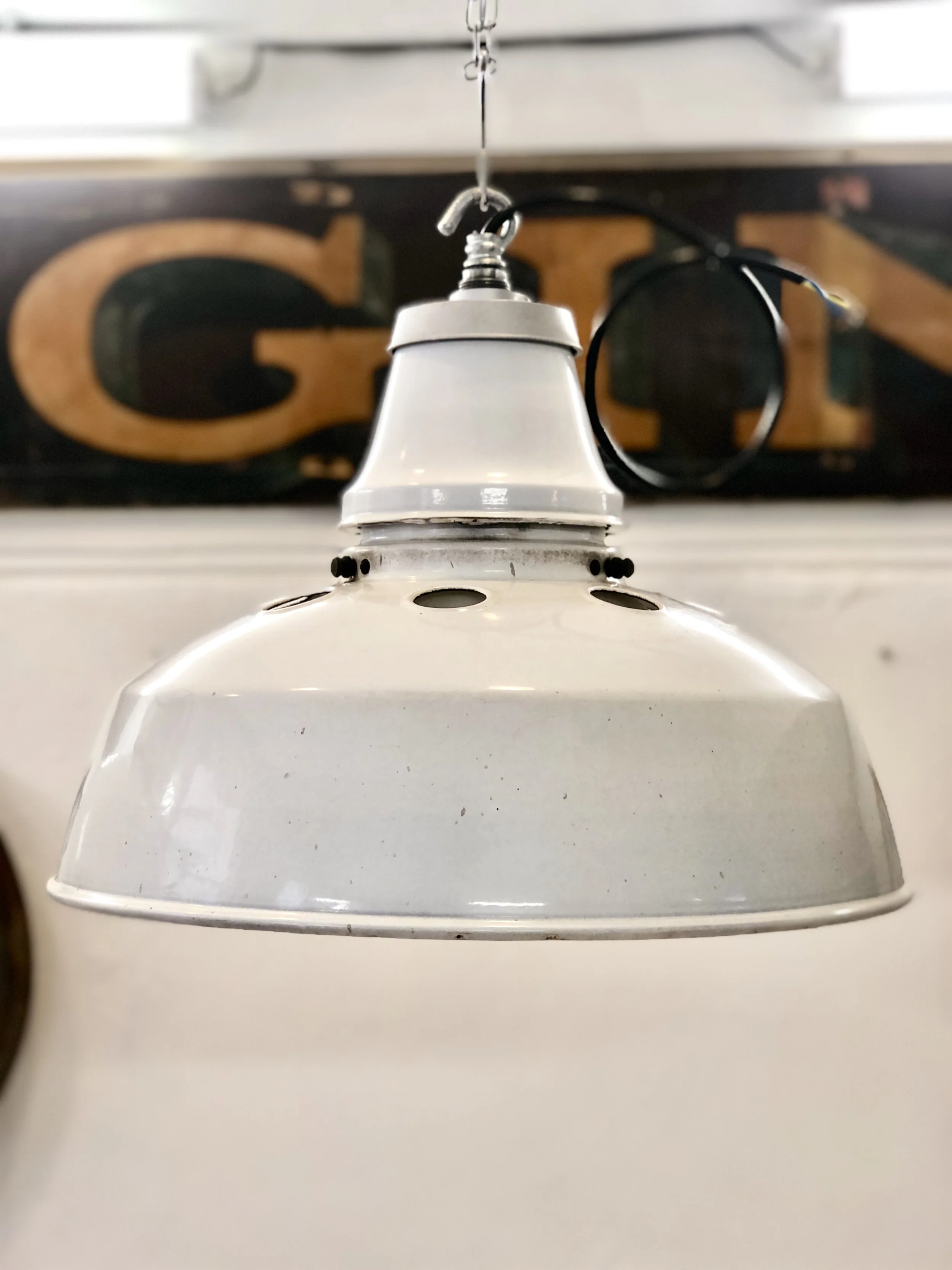 White Enamelled Industrial Lights with Opaline Diffusers