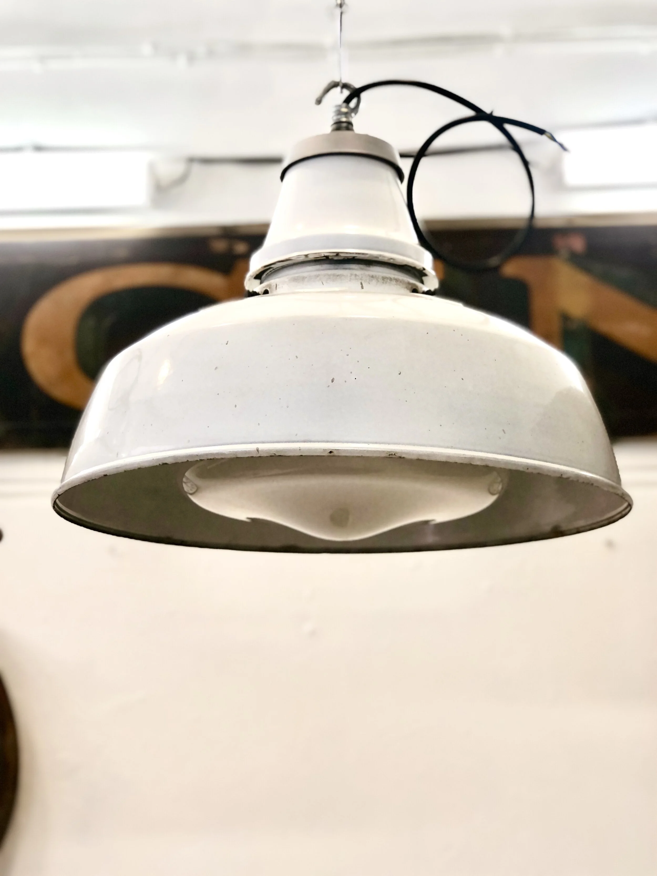 White Enamelled Industrial Lights with Opaline Diffusers