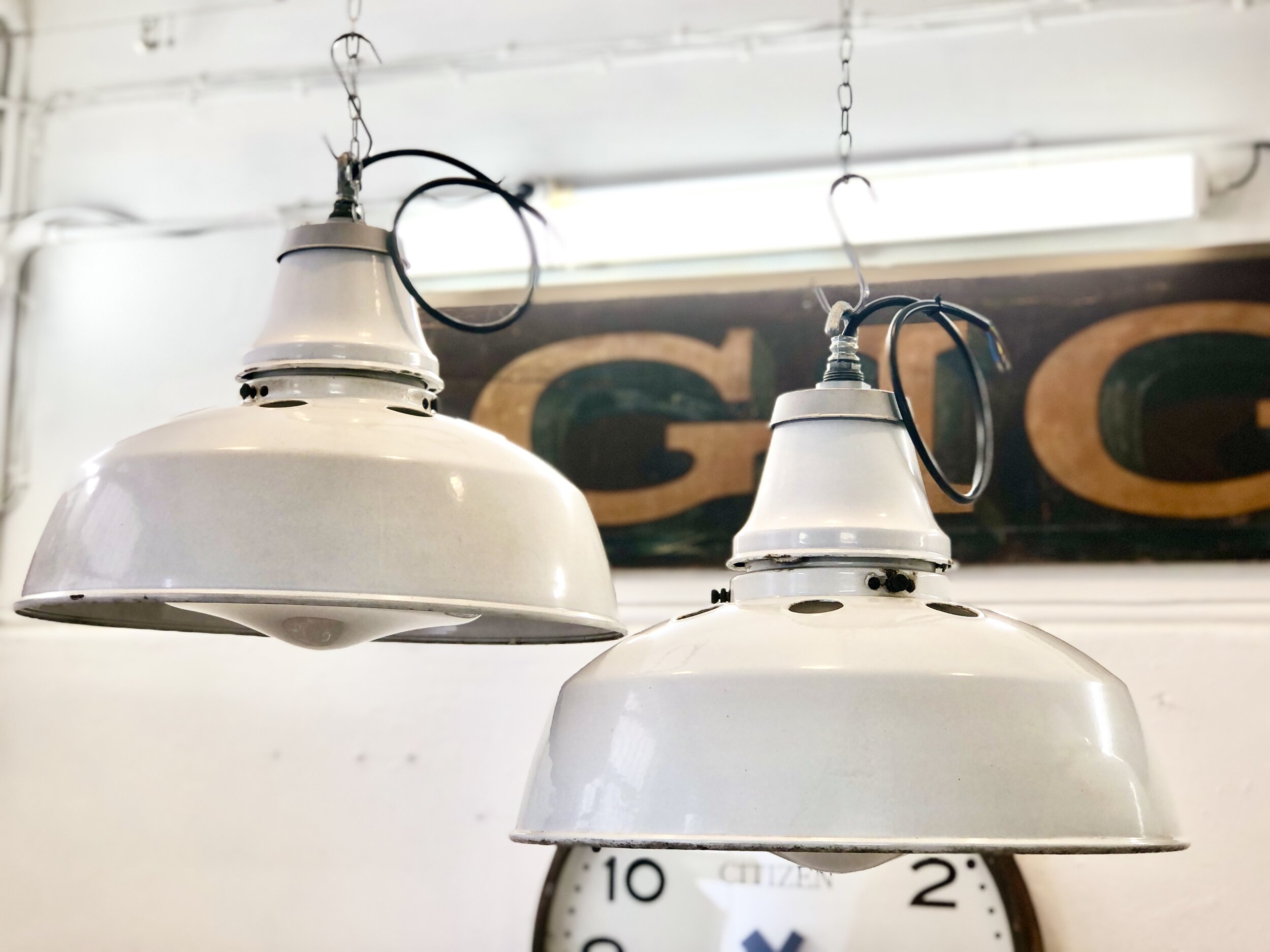 White Enamelled Industrial Lights with Opaline Diffusers