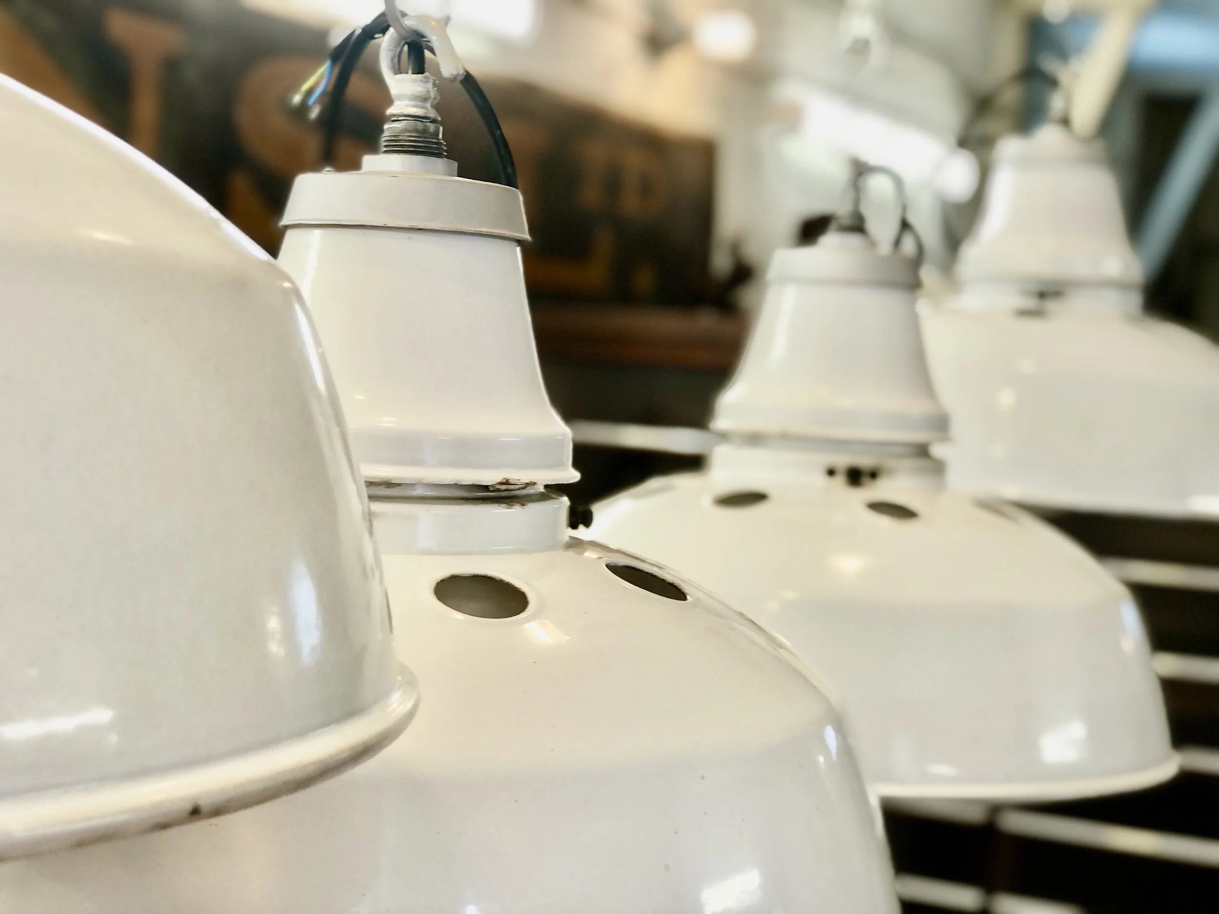 White Enamelled Industrial Lights with Opaline Diffusers