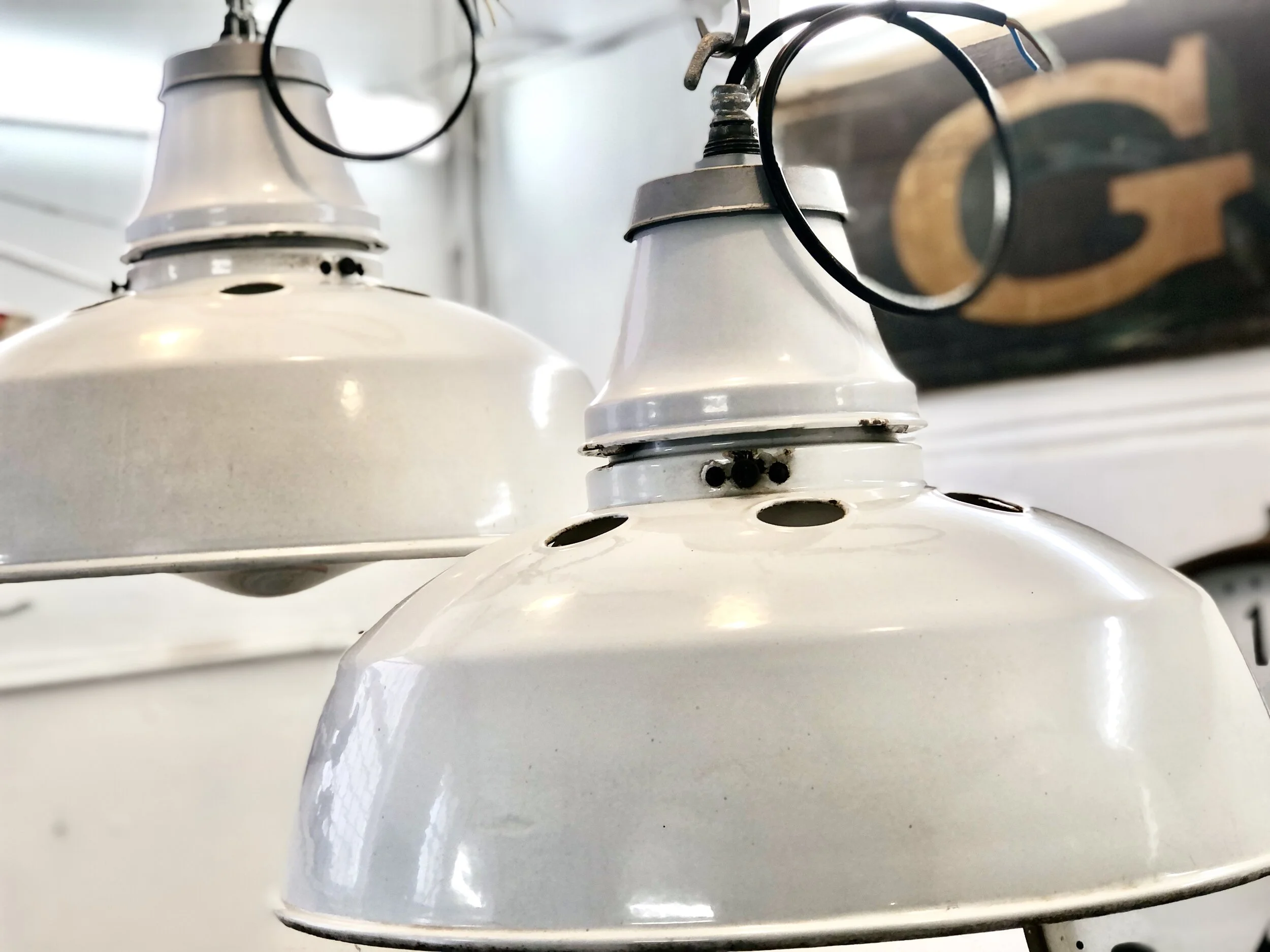 White Enamelled Industrial Lights with Opaline Diffusers