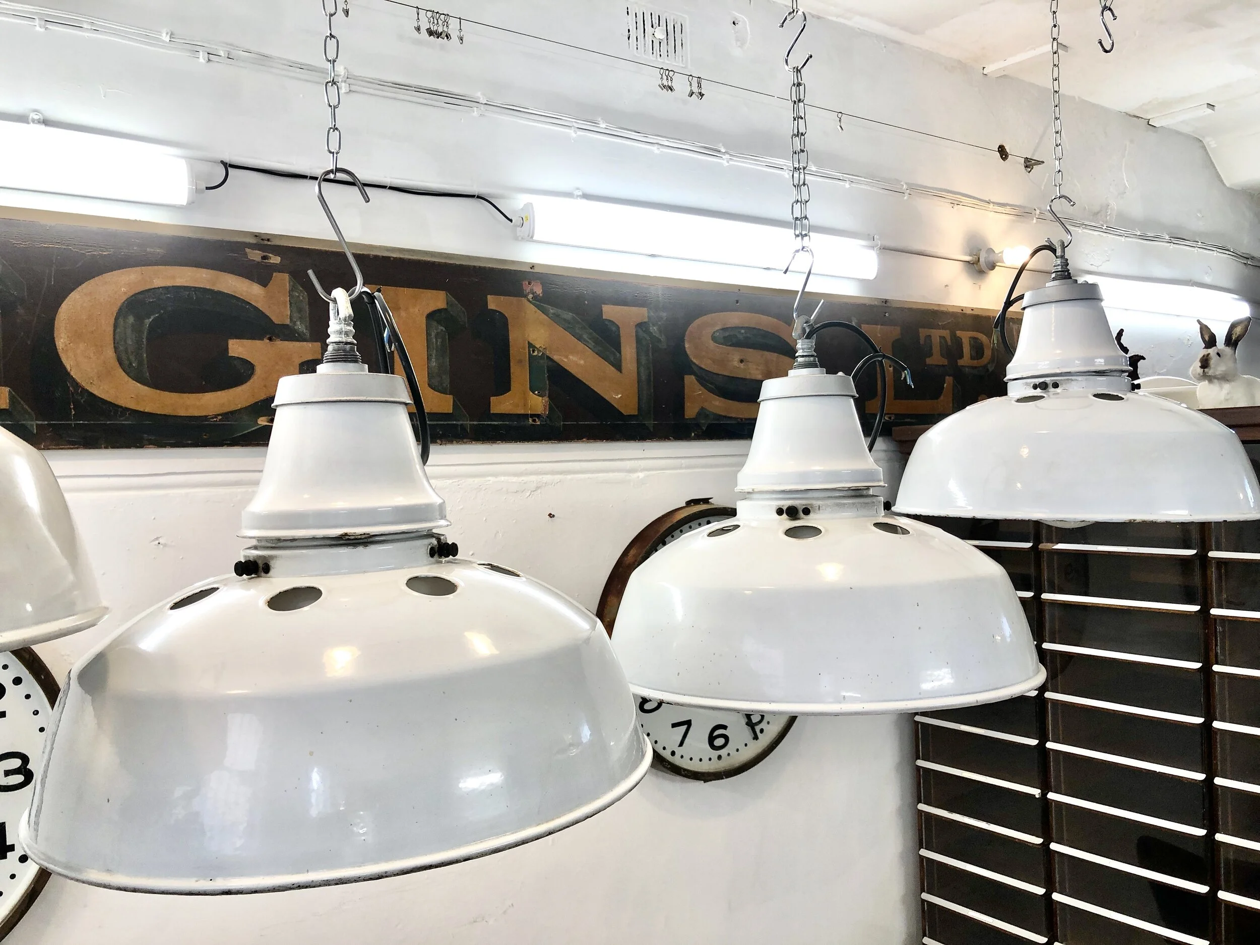 White Enamelled Industrial Lights with Opaline Diffusers