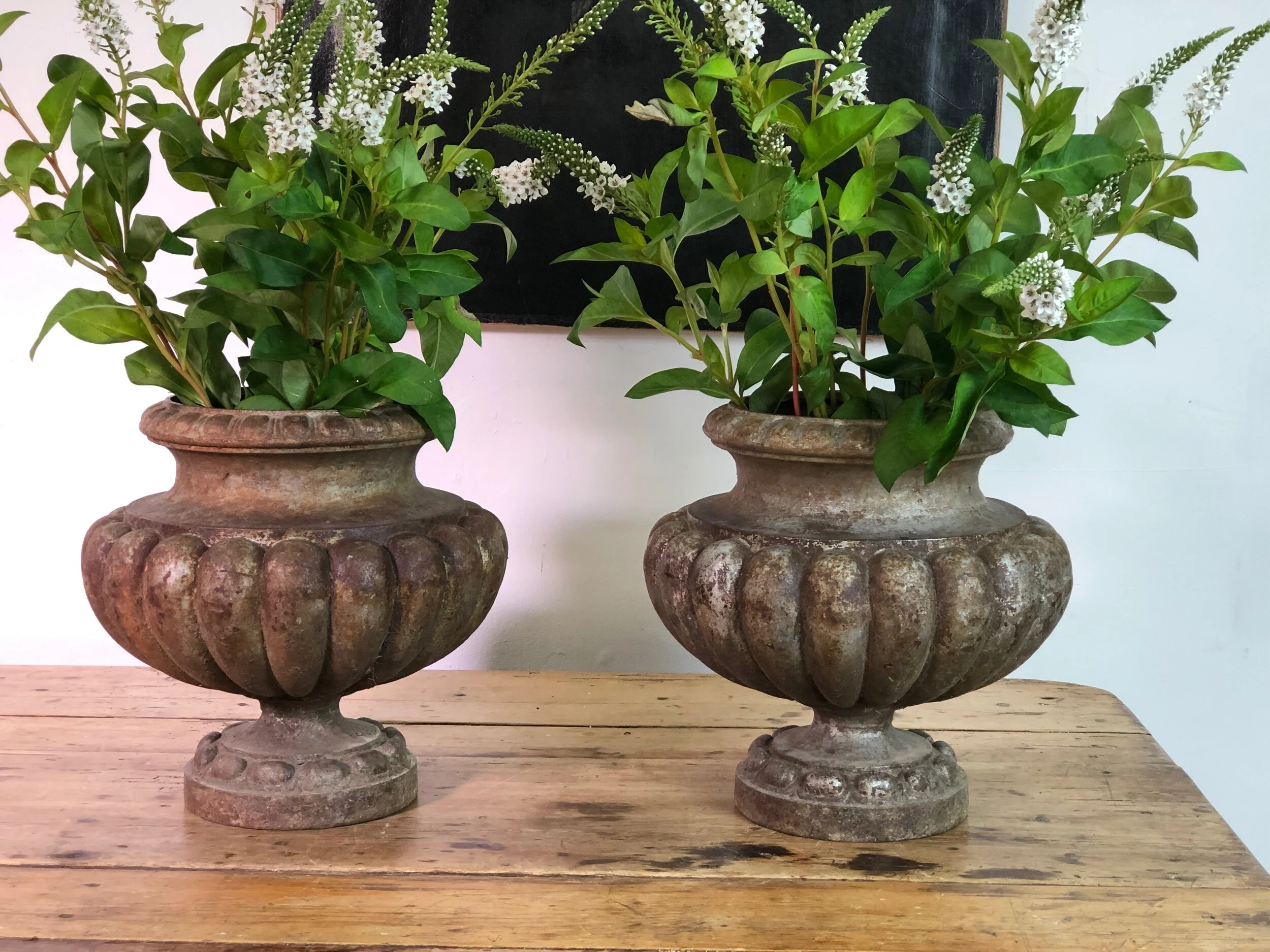 Pair 19th Century Cast Iron Urns