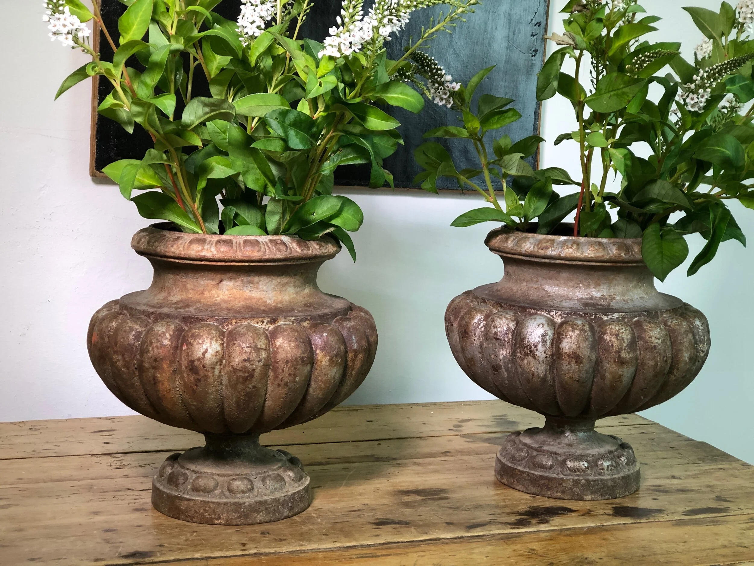 Pair 19th Century Cast Iron Urns