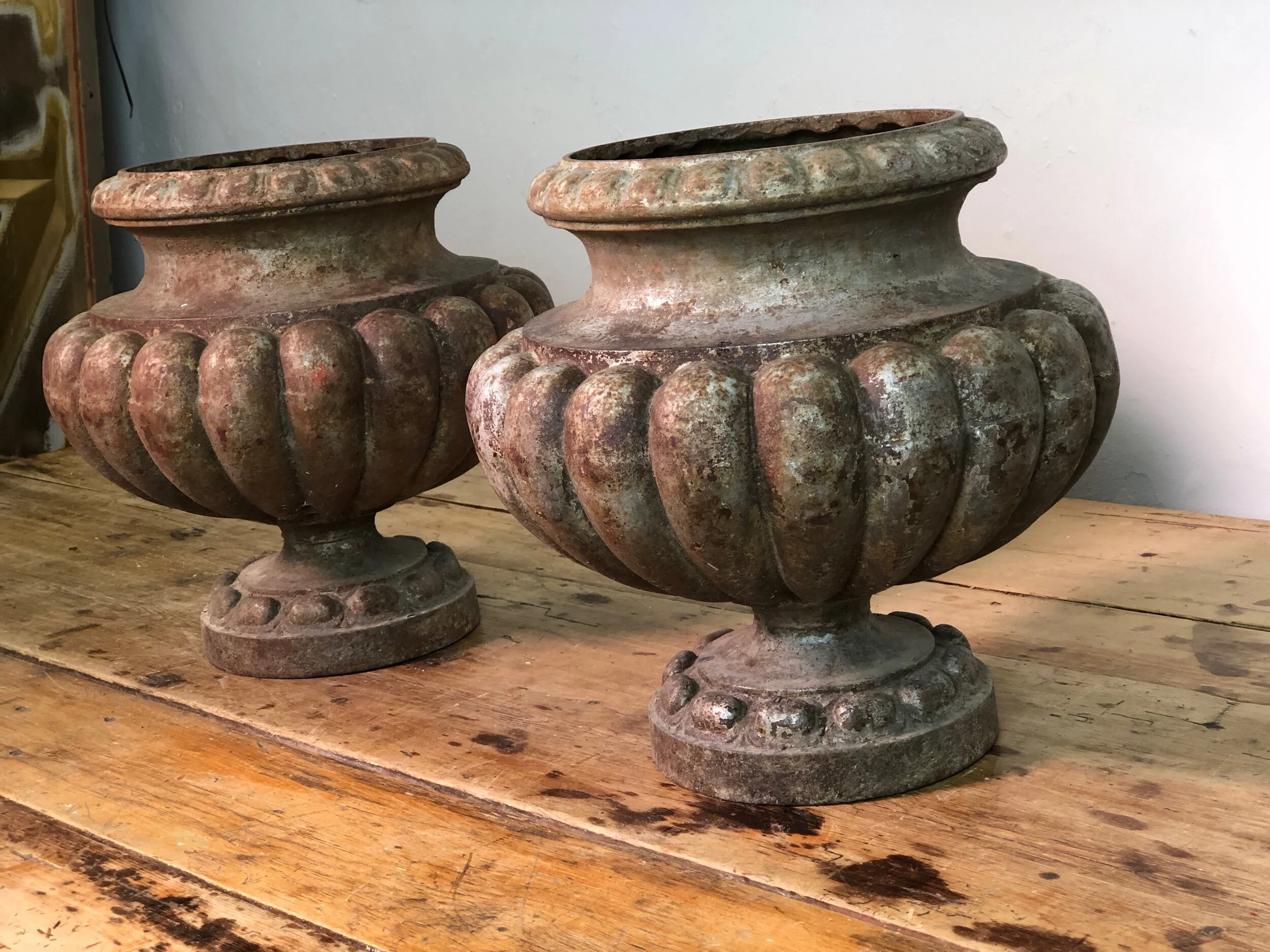 Pair 19th Century Cast Iron Urns