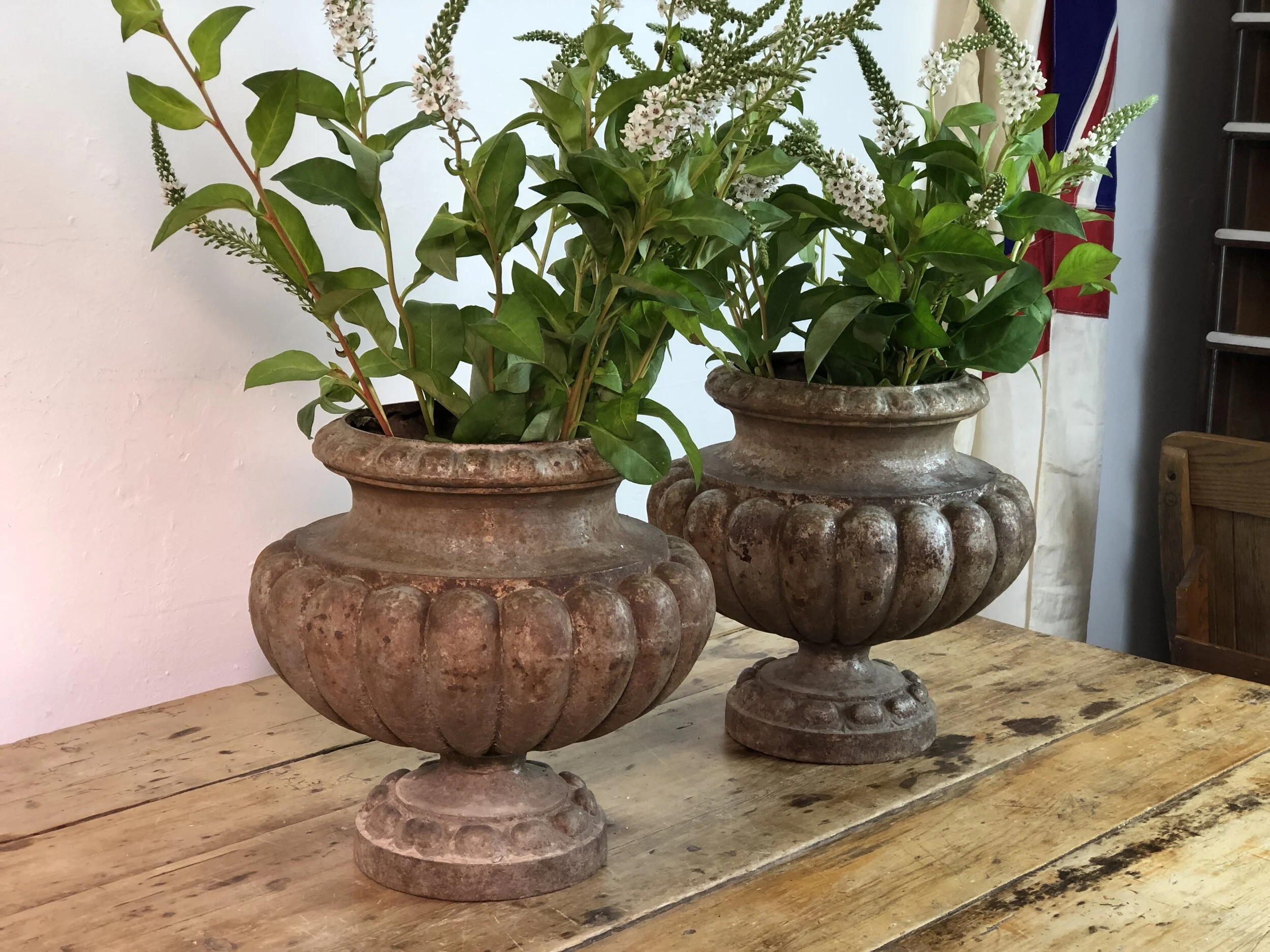 Pair 19th Century Cast Iron Urns