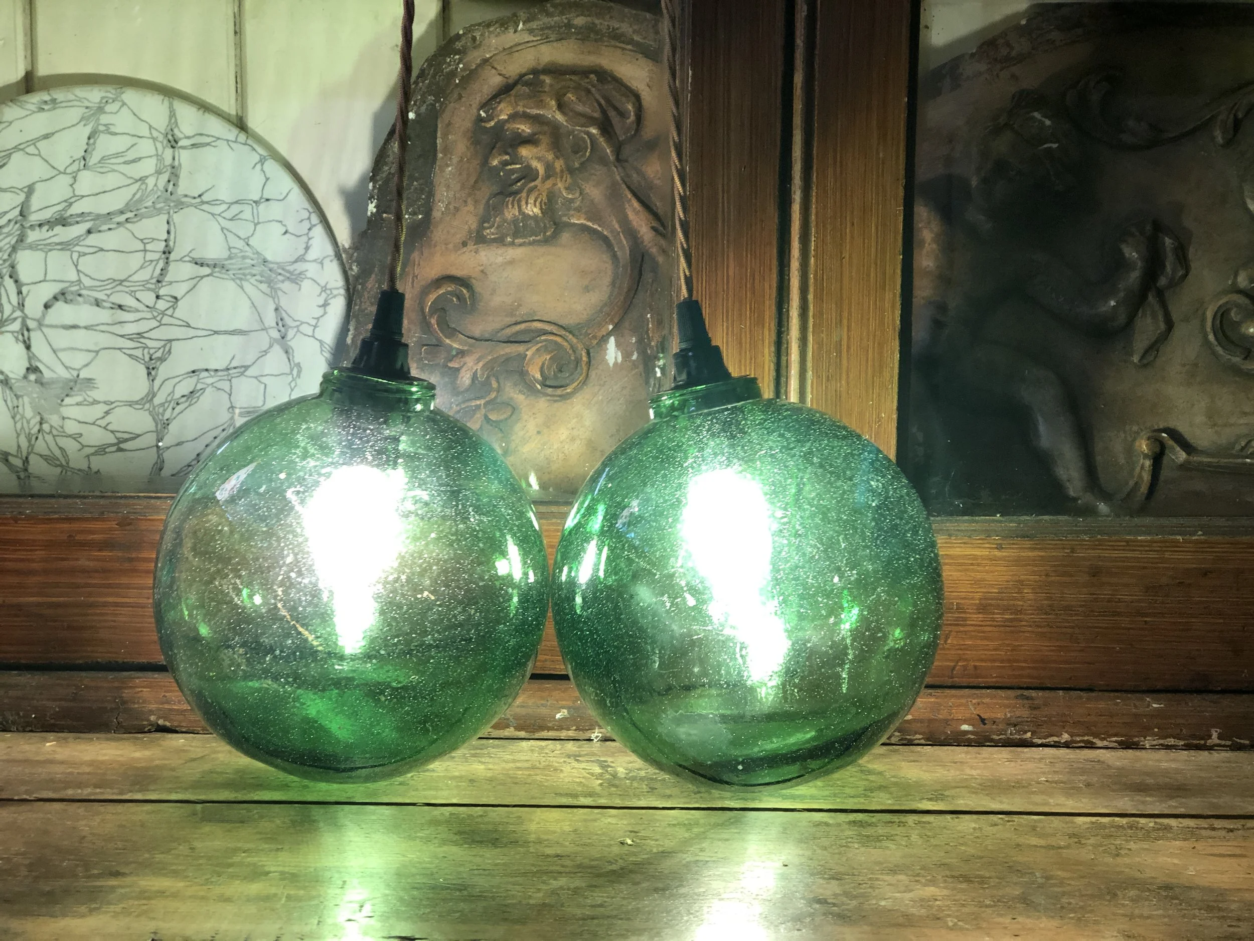 Pair 1950s Glass Globe Pendant Lights