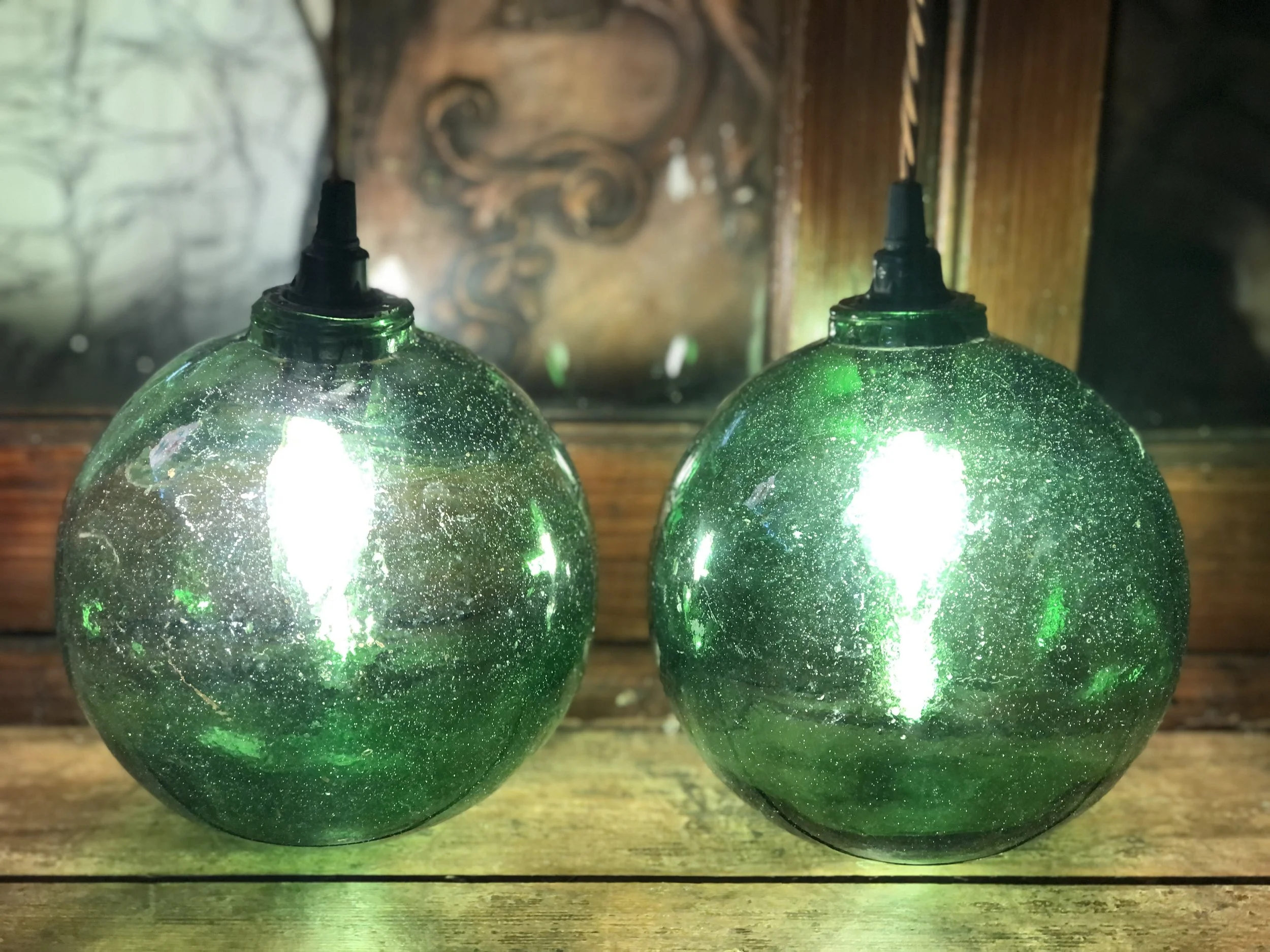 Pair 1950s Glass Globe Pendant Lights