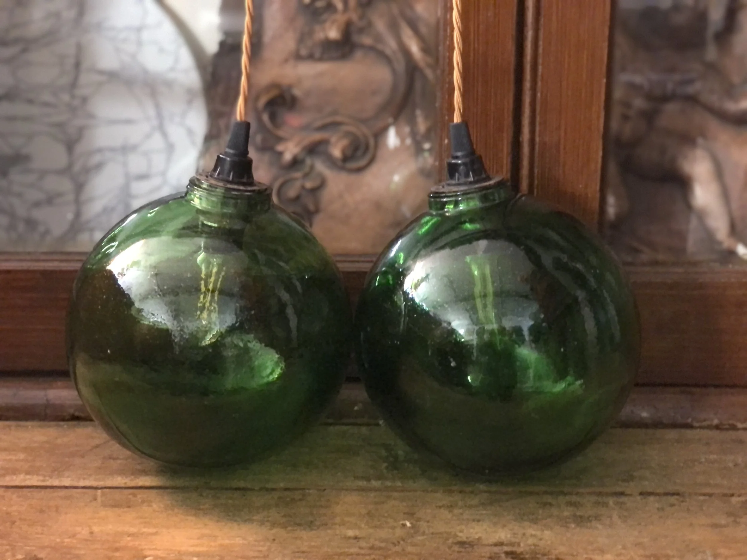 Pair 1950s Glass Globe Pendant Lights