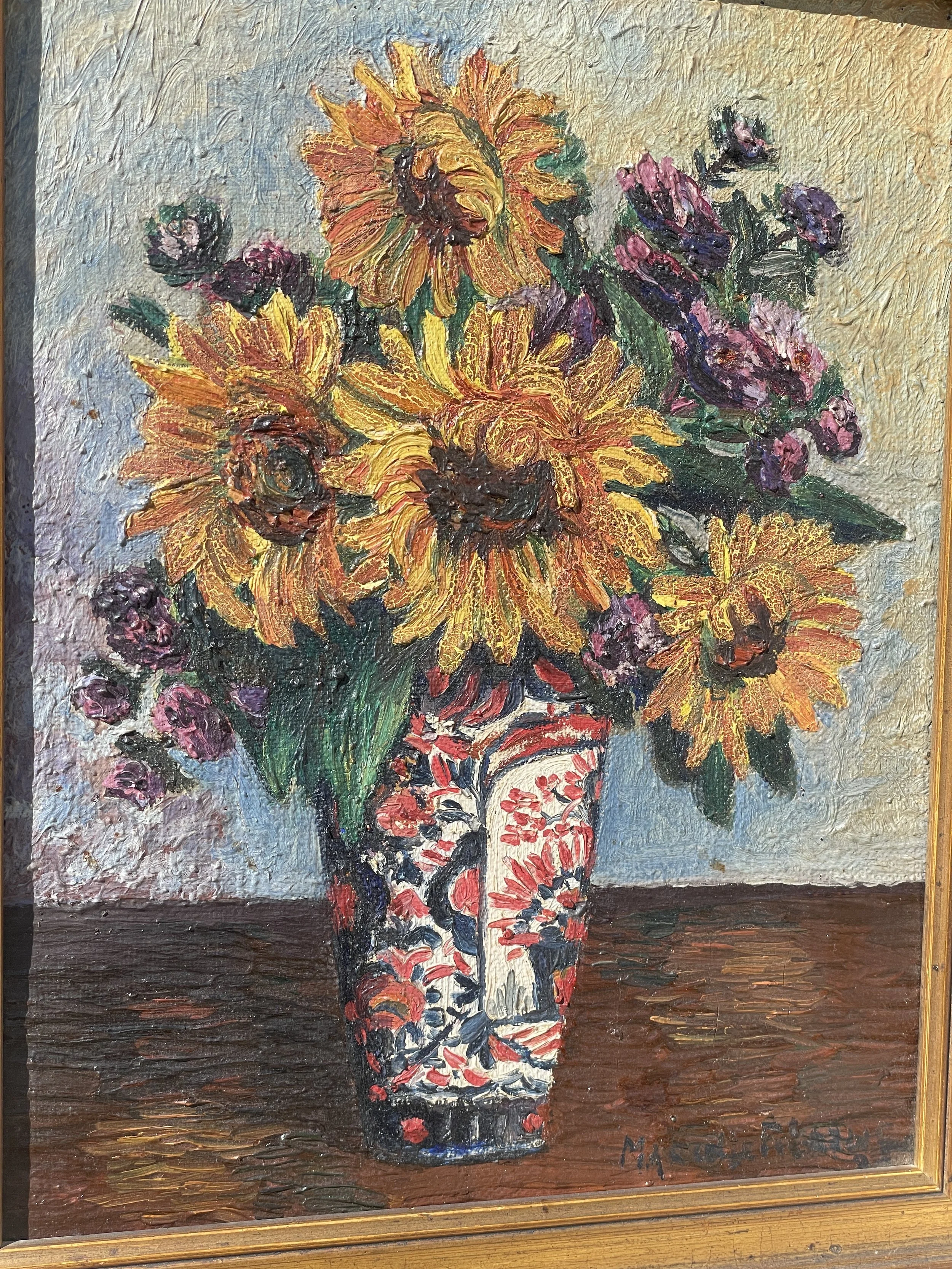 Still Life oil painting of a Vase of Sunflowers