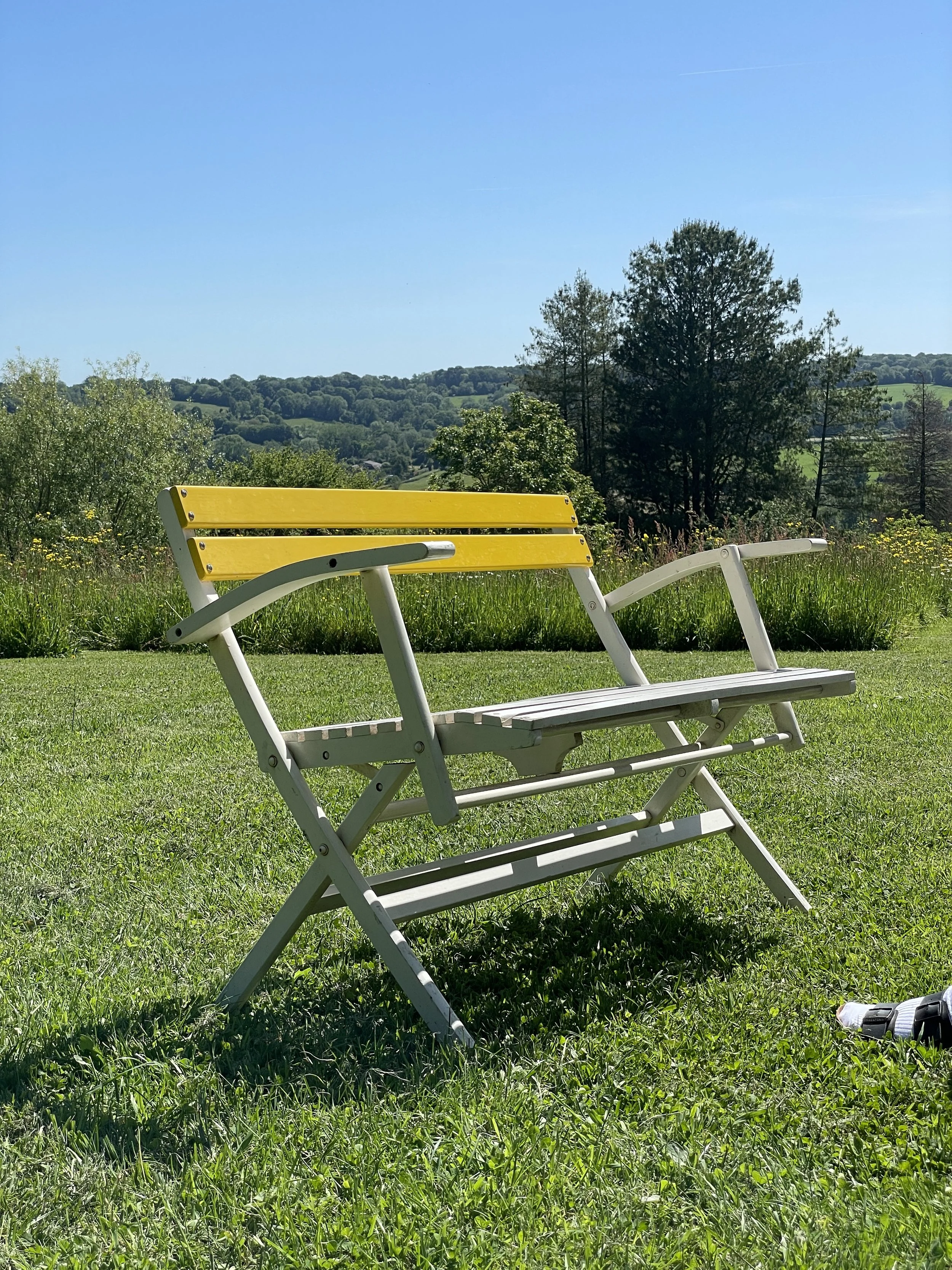 Mid Century Slatted Garden Bench - Yellow