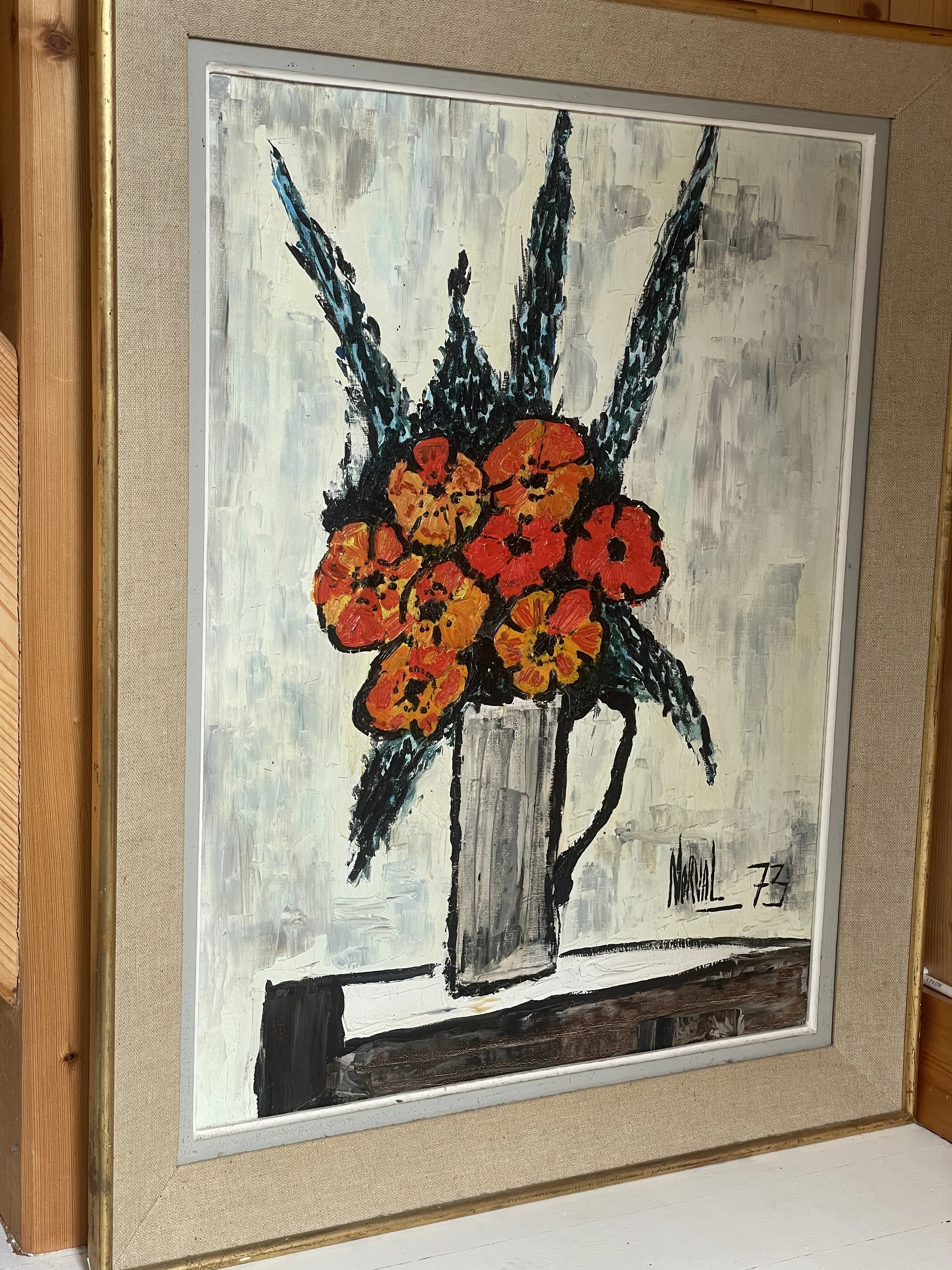 Framed 1970s Oil Painting Red Flowers in vase