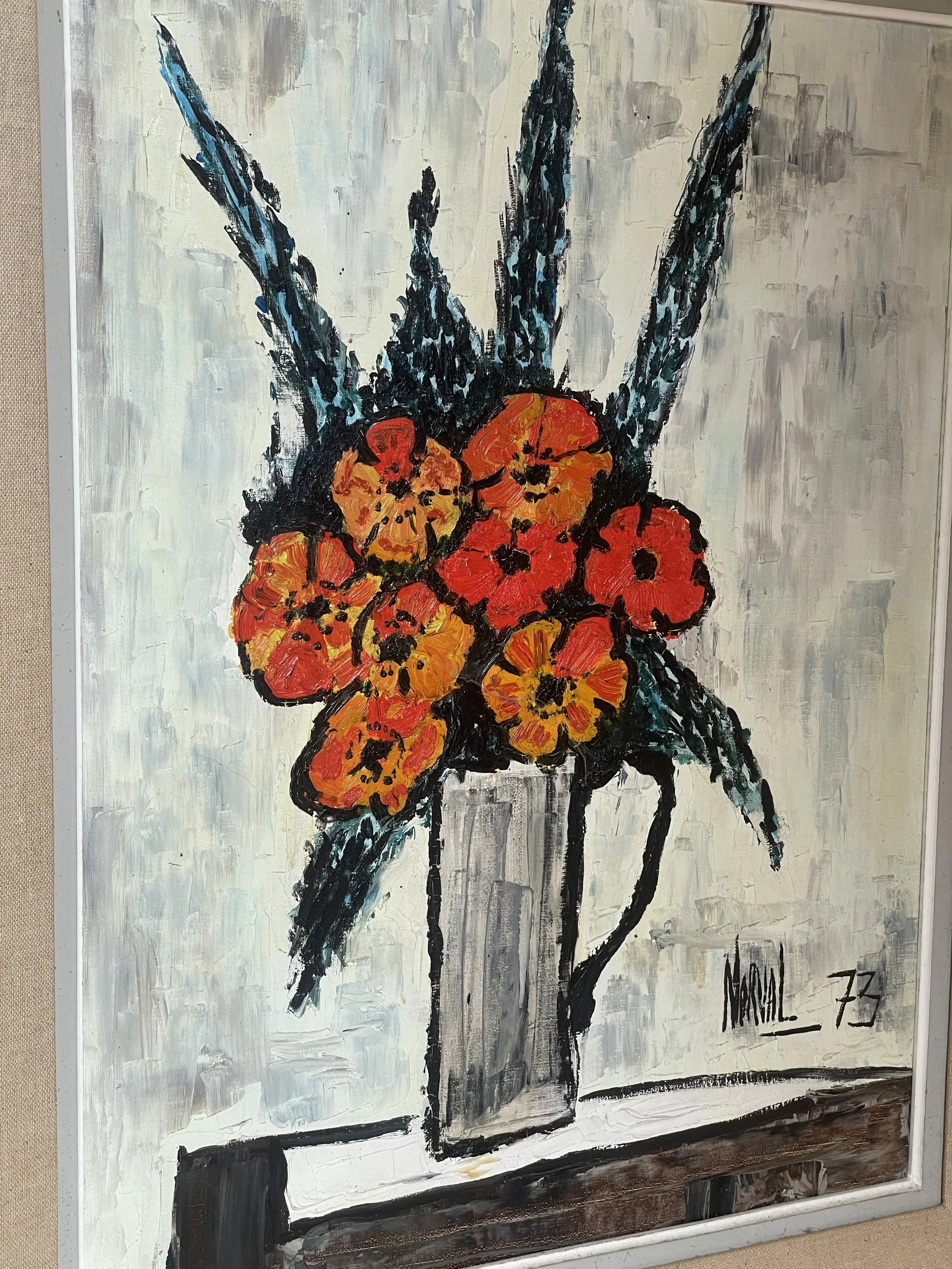 Framed 1970s Oil Painting Red Flowers in vase