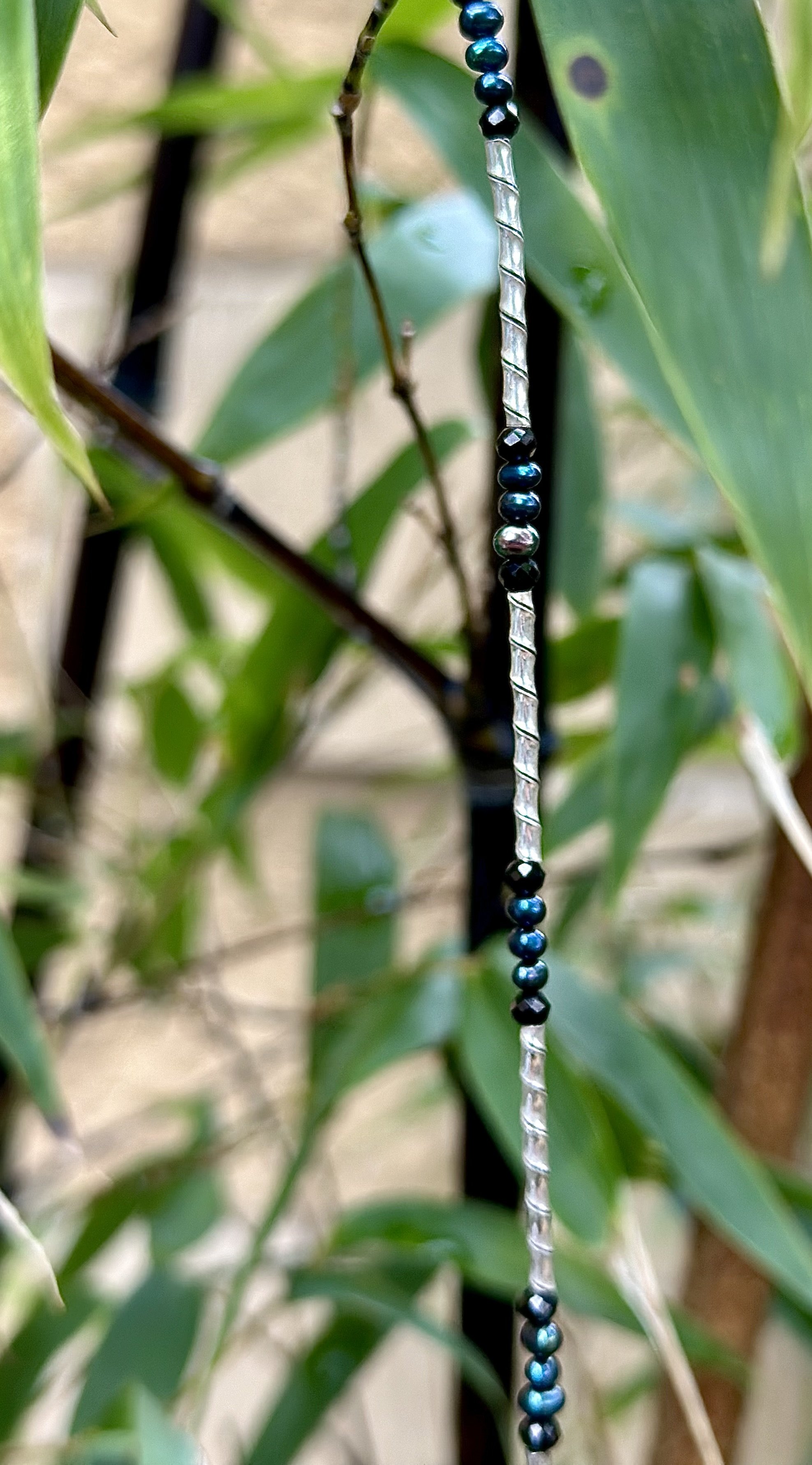 Fine Silver Filigree Necklace with Blue-Green Seed Pearls