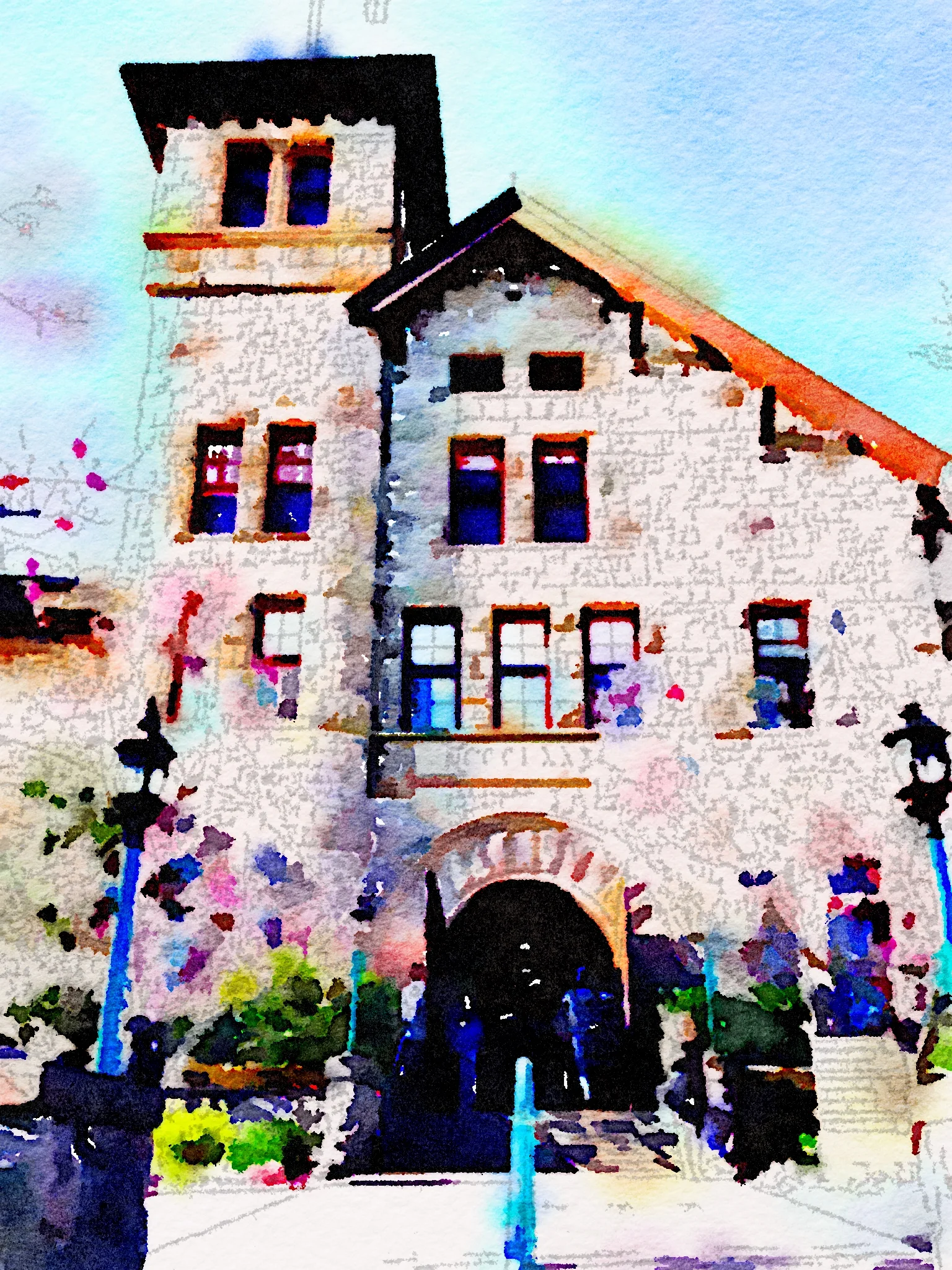 The CIA in spring colors, courtesy my Waterlogue app