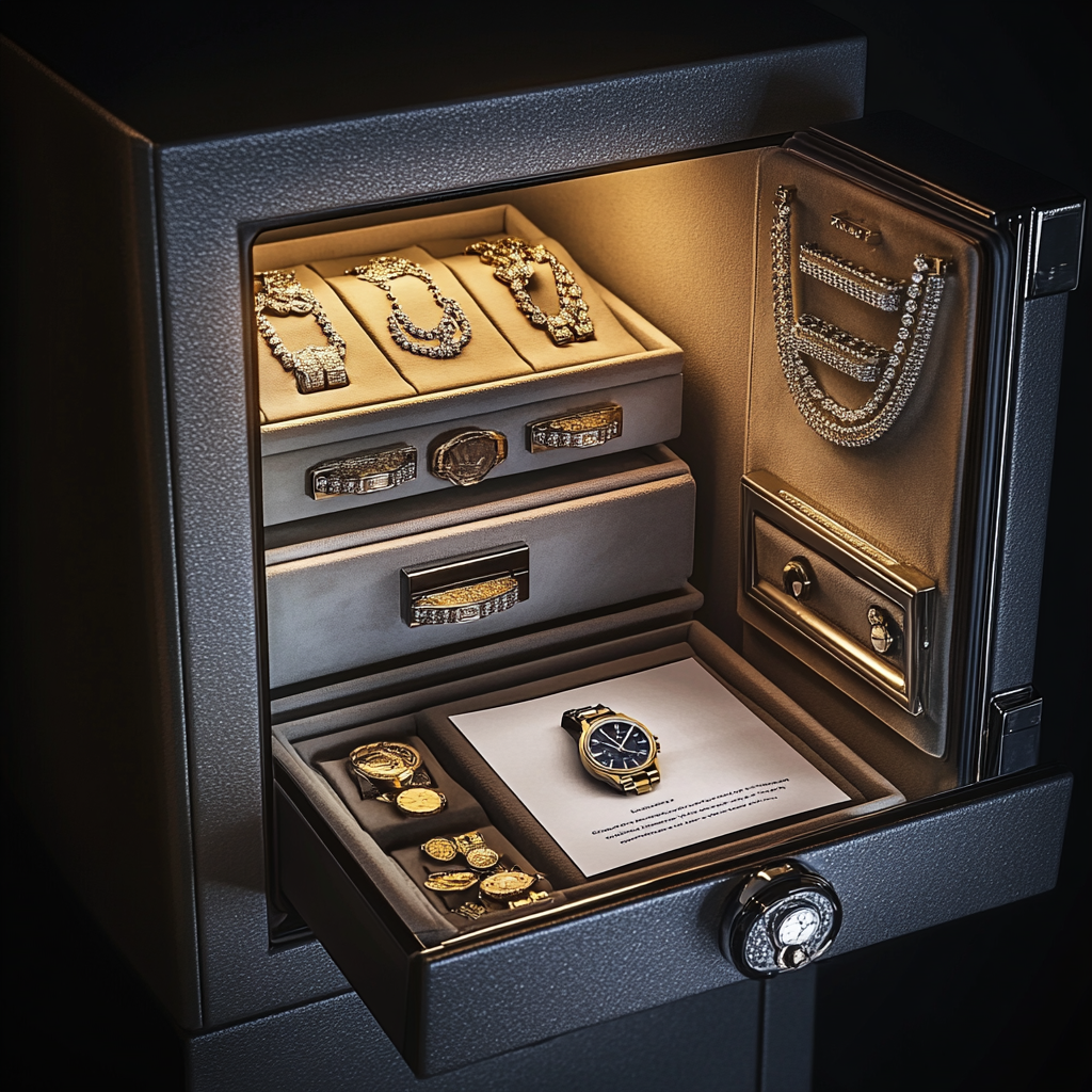 Securely stored jewellery and documentation