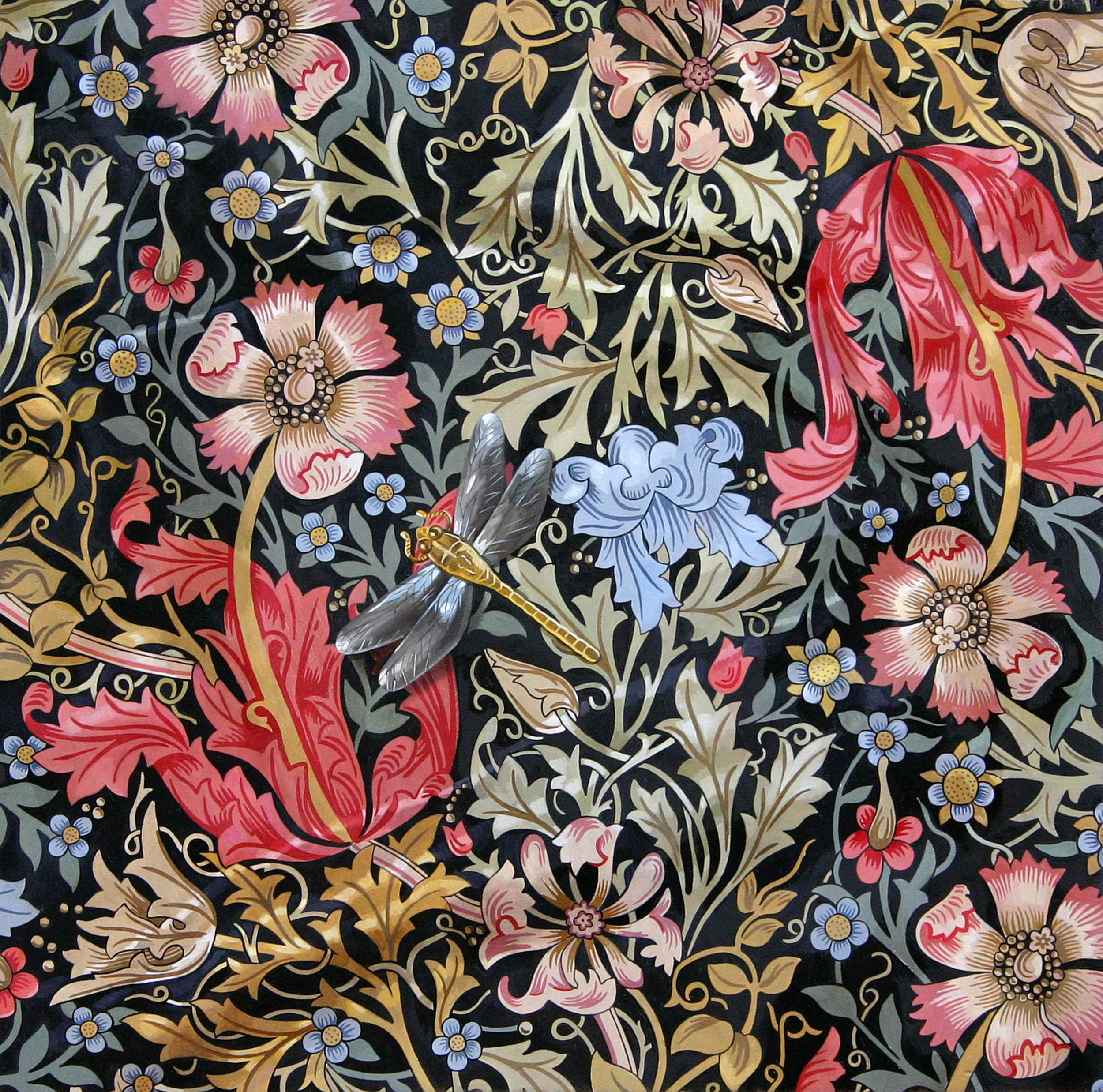 The piece is finally finished after several more stages of adding contrast and highlights, accents to the flowers, and details to the dragonfly. From beginning to end, this work took ten months to complete.