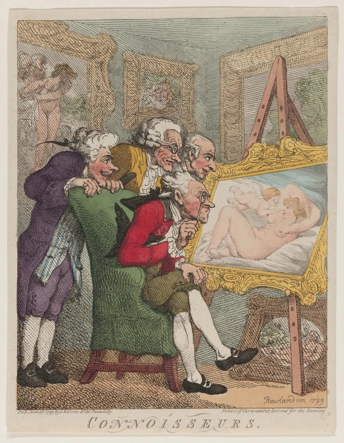 Connoisseurs, 1799, by Thomas Rowlandson. Hand-colored etching. Given to the Philadelphia Museum of Art by Carl Zigrosser, 1974.