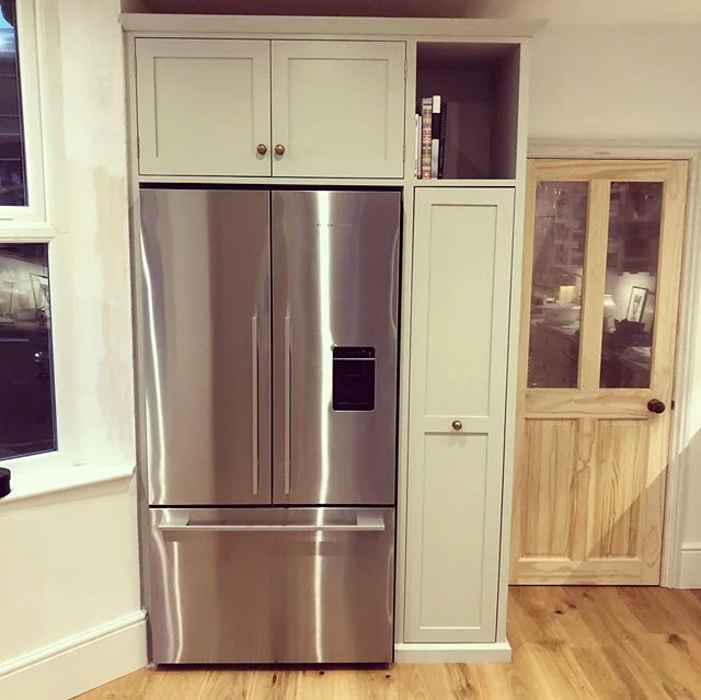 Pull out larder with dovetailed oak drawers. Wine rack, cupboards and cook book shelves. #lardercupboard #larder #kitchen #kitchendesign #london #peckham #bespoke #shakercabinets #carpentry #winerack #craft