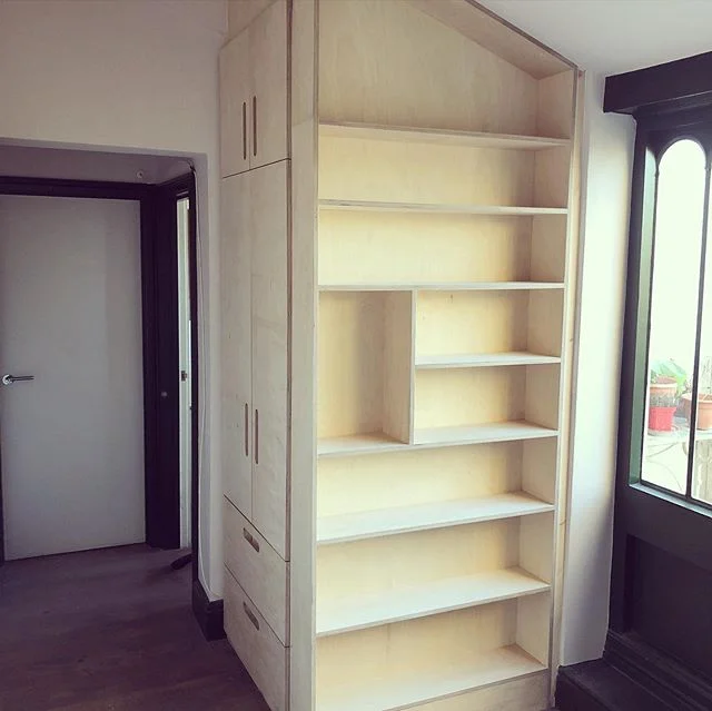 Bookcase and completely removable boiler cupboard and drawers #bookcase #bookcases #boilercupboard #london #bespoke #birchply #plywoodfurniture #plywood #carpentry #design