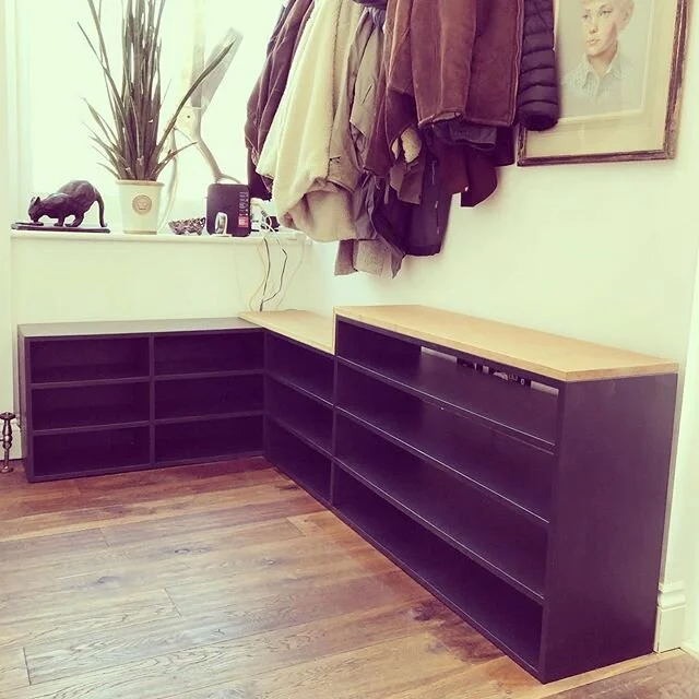 Shoe Storage in cherry and Railings by #farrowandball #london #design #bespoke