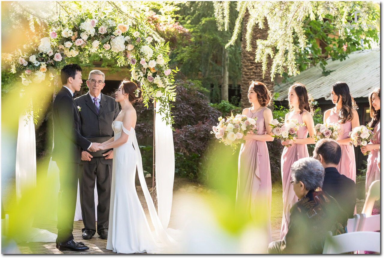 Photo of wedding party in outdoor gazebo