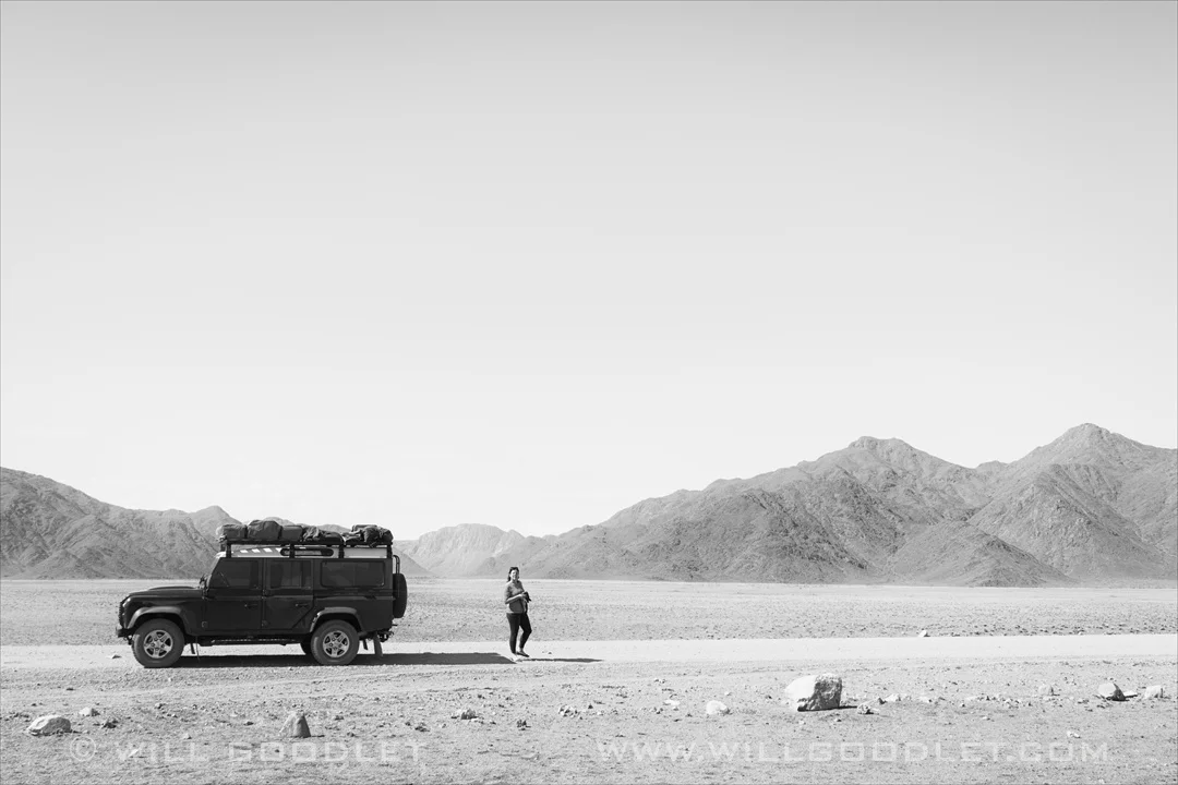 D707, Namibia. Empty landscape with Basil and Fiona