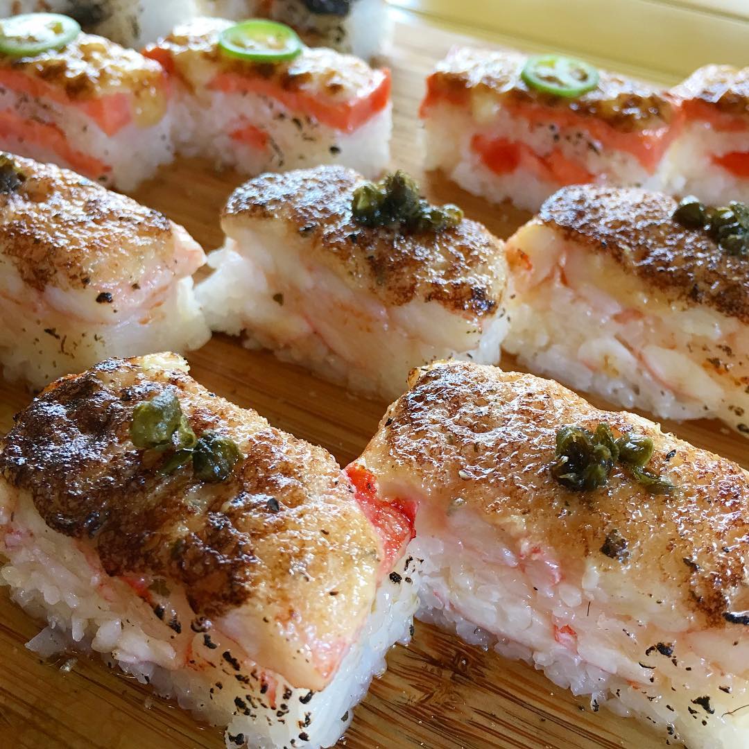 Kani-Ume Oshi sushi (foreground) | Salmon Oshi Sushi (Background)