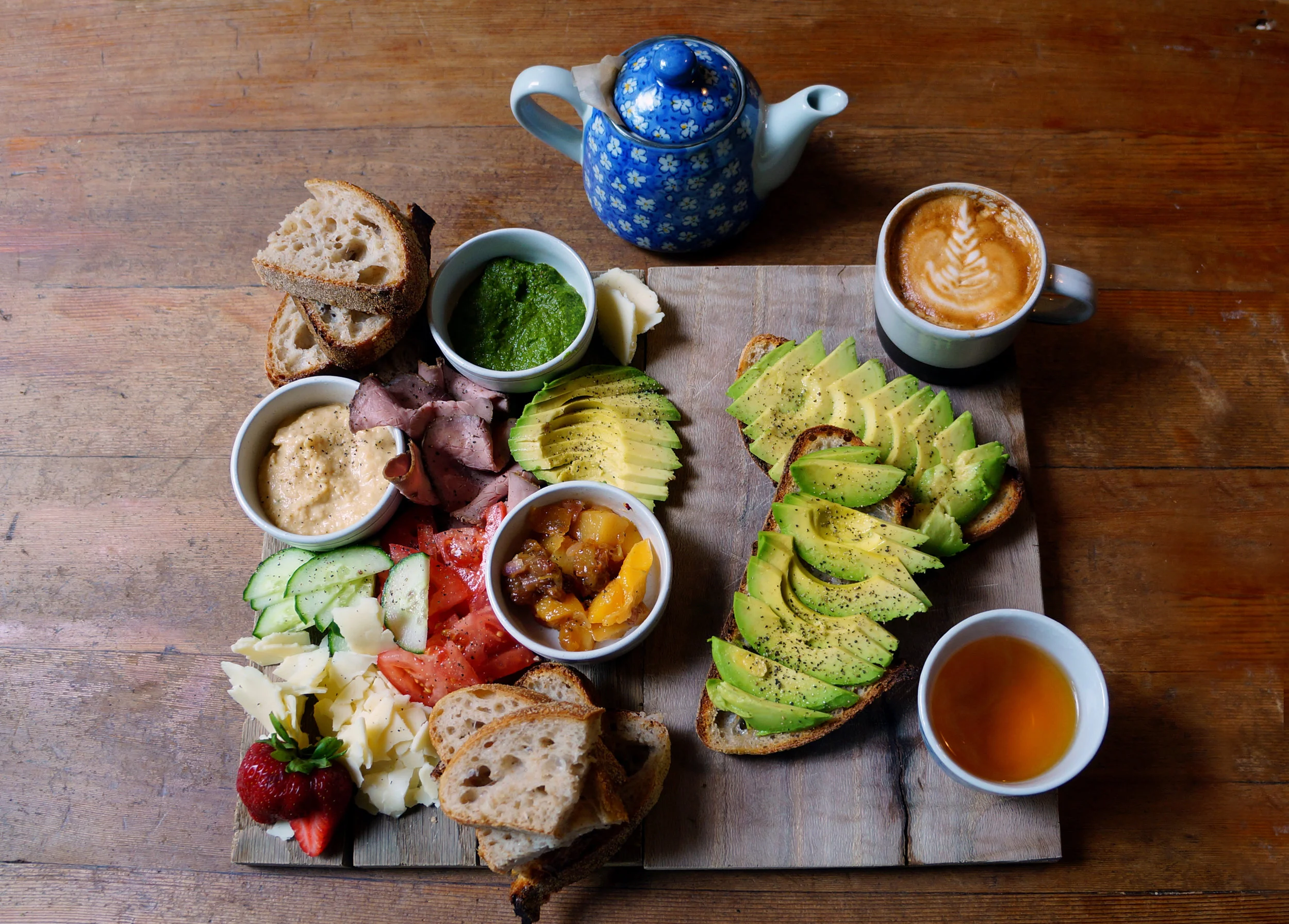 Picnic Board (left) | Avocado Toast (right) | Cappucino (top right) | Tea (bottom right)