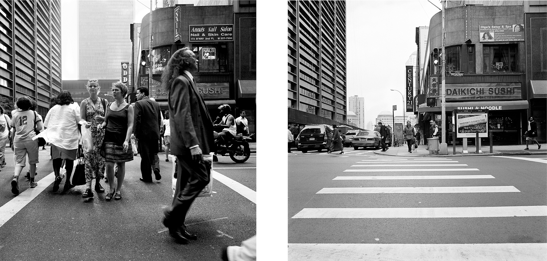 Northeast corner of Maiden Lane and Broadway, November 1998 (left) and August 2001.