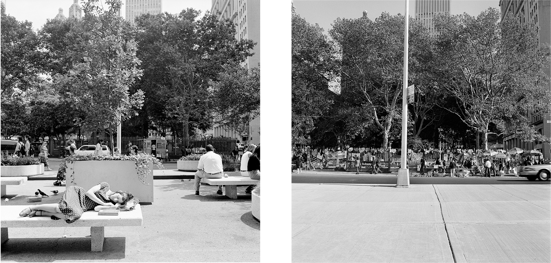  Northeast corner of World Trade Center Plaza facing Church Street, July 2001 (left) and August 2002. 