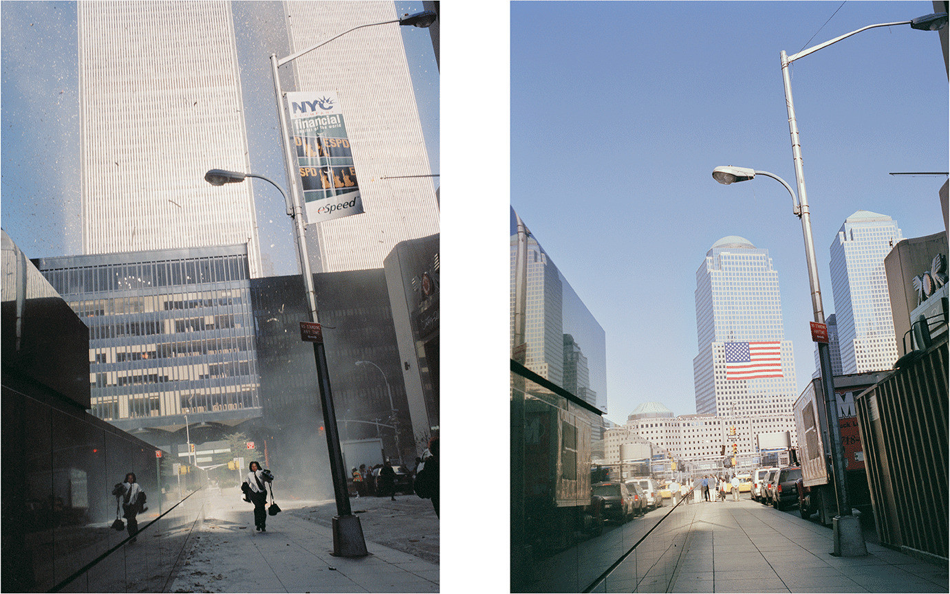 South side of Cortland between Broadway and Church Streets, September 11, 2001 (left) and September 11, 2006