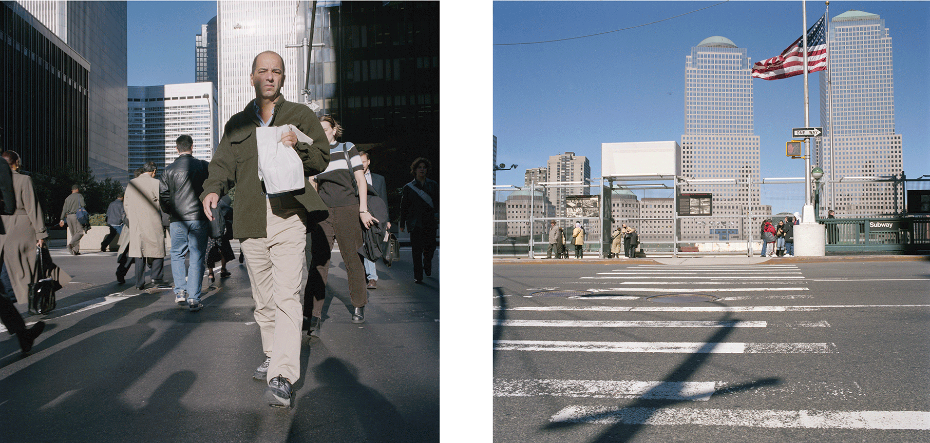  West side of the World Trade Center Plaza near Dey Street, October 1999 (left) and April 2004. 