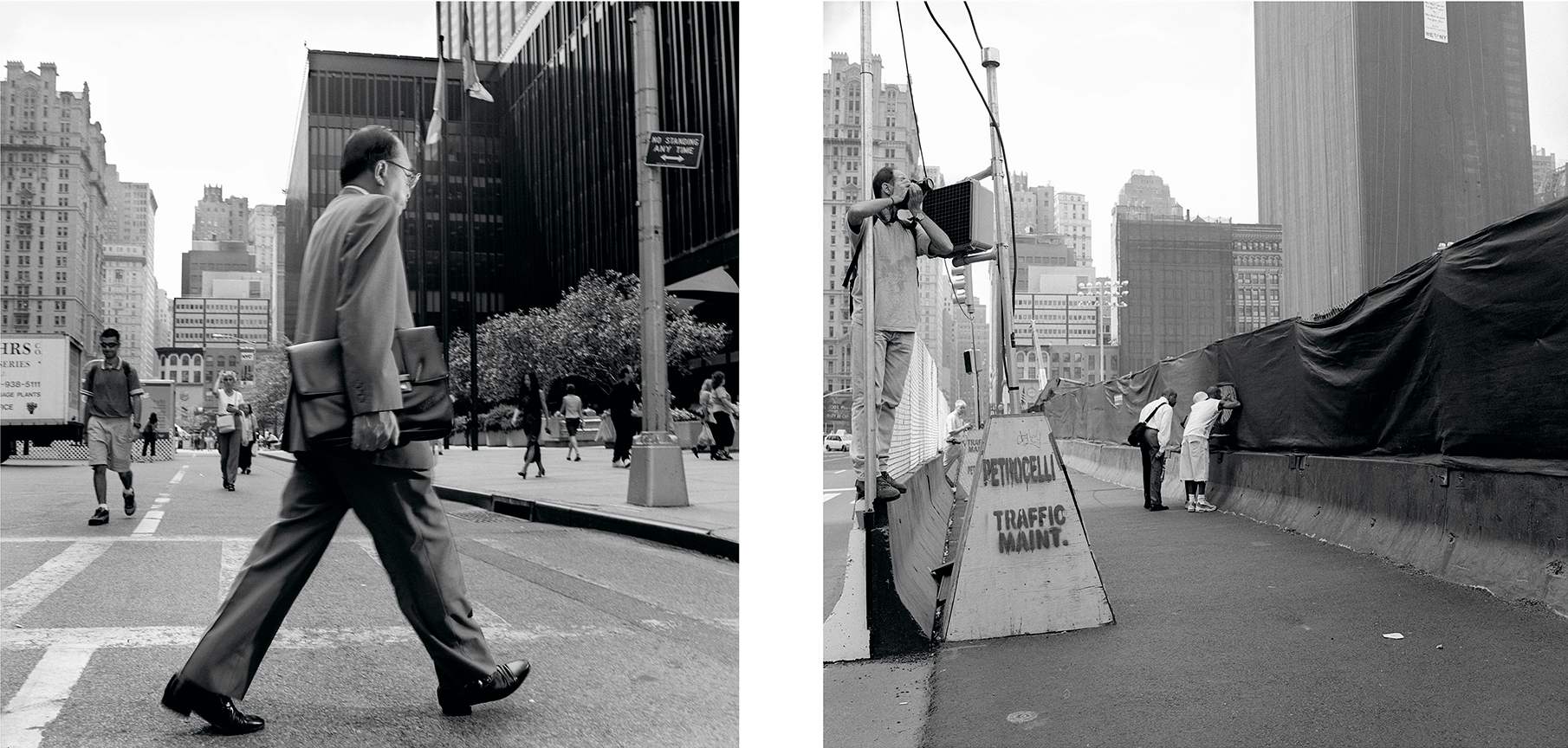  East side of the World Trade Center Plaza at Fulton Street, August 2001 (left) and July 2002. 