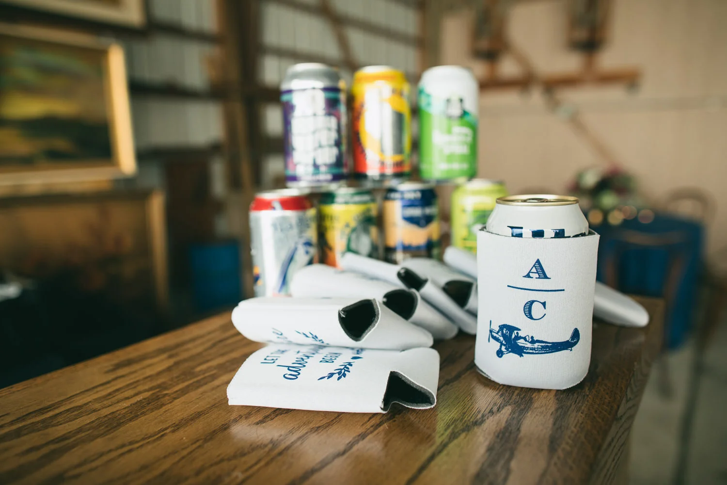  custom wedding koozies with initials and vintage airplane 