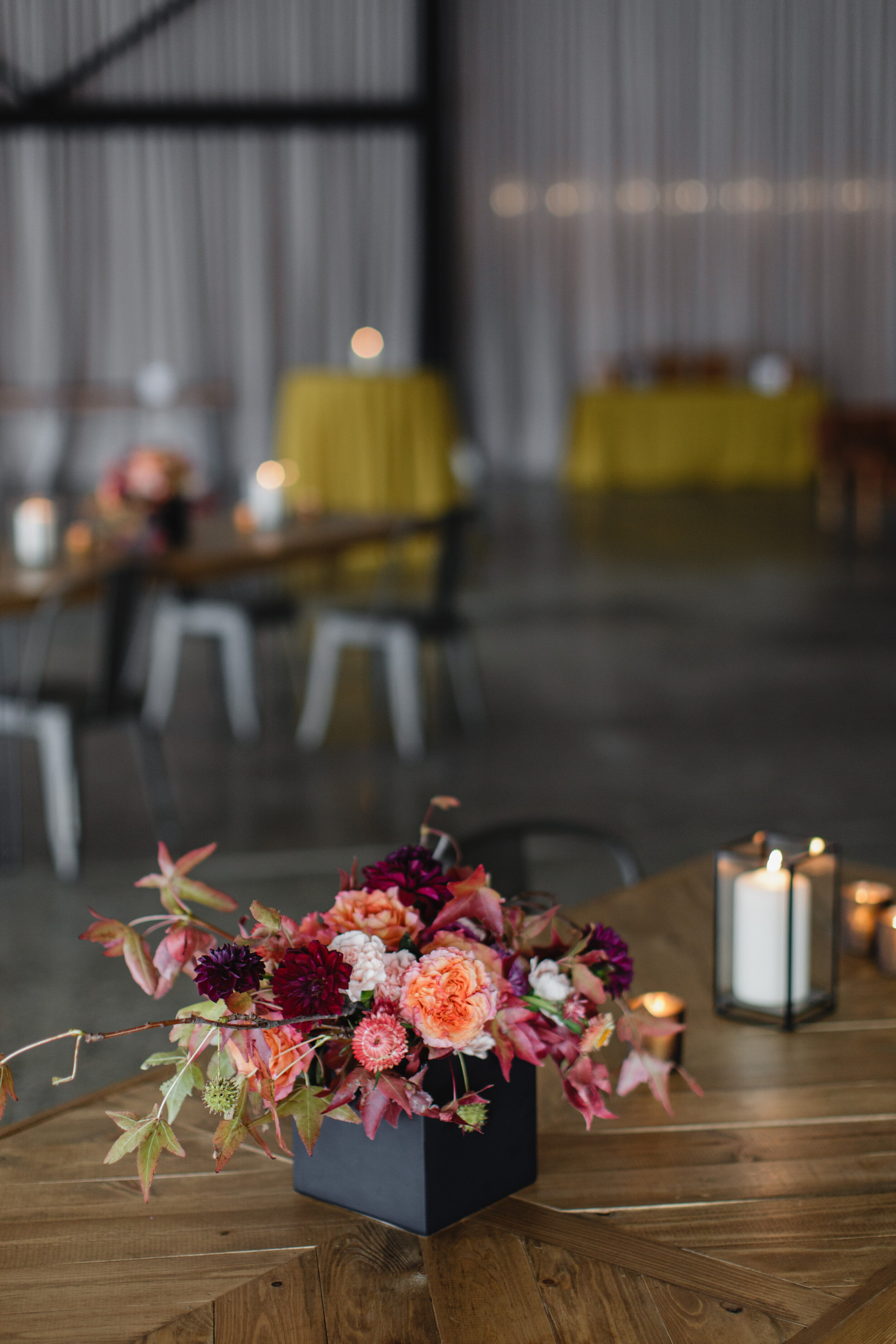 Floral centerpiece for small wedding at Quincy Hall