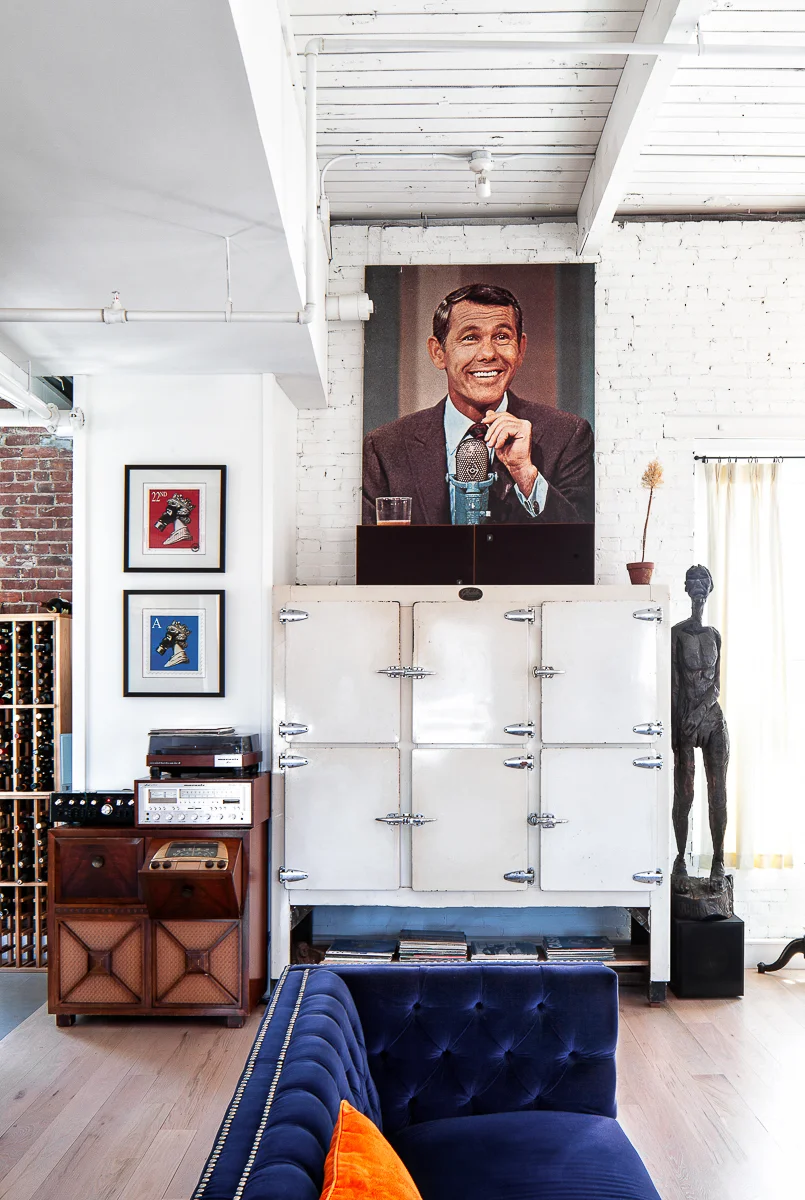 Living room in downtown Portland, Maine vintage modern loft designed by Caleb Johnson Studio and built by Asa Gorman Builders
