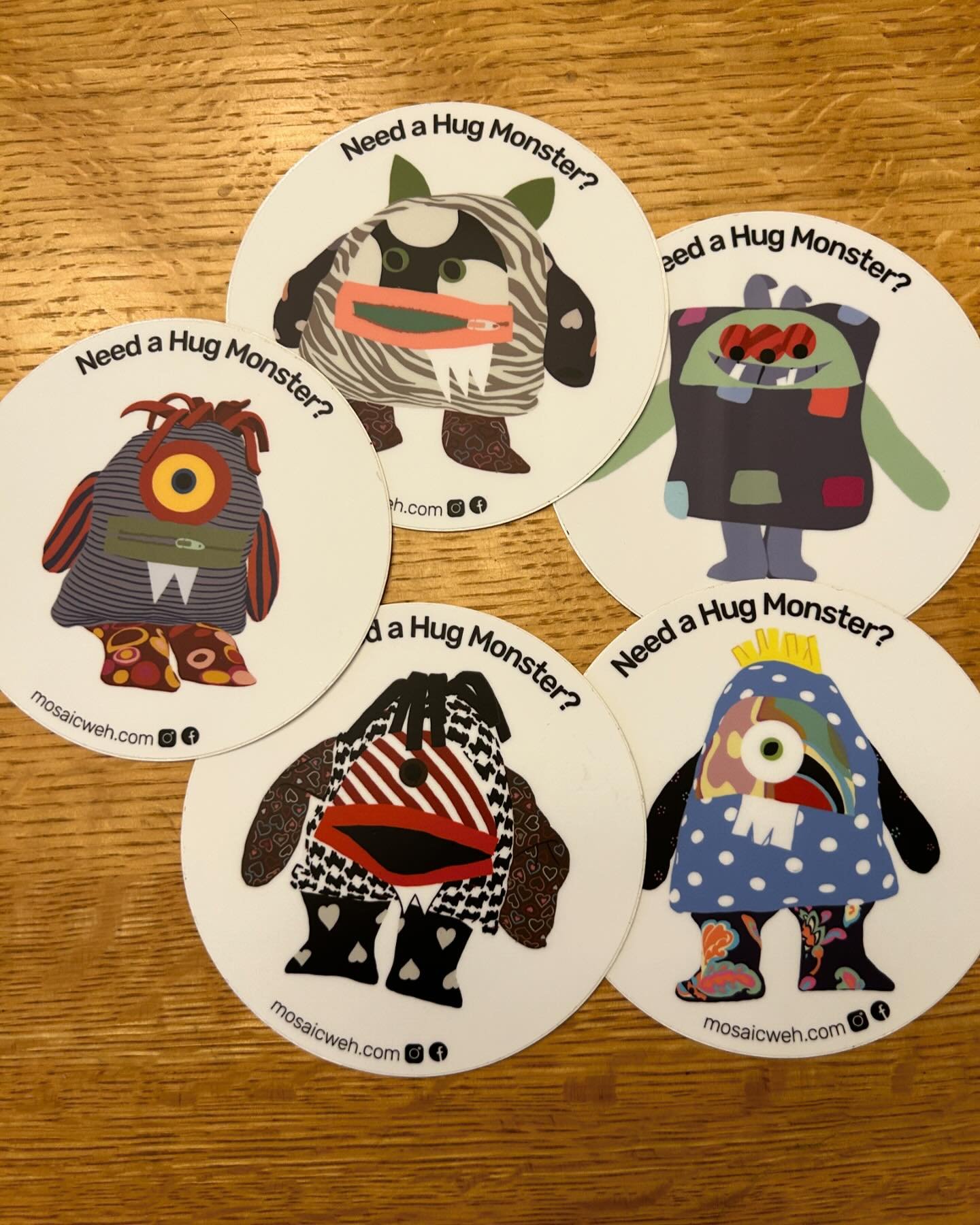 Fun stickers now at ArtHub in Cambridge,WI.  Waterproof hug monsters to embellish your water bottle or your car or whatever your monster heart desires!  4&rdquo; round and various styles to chose from.  Actual hug monsters products to come later in t