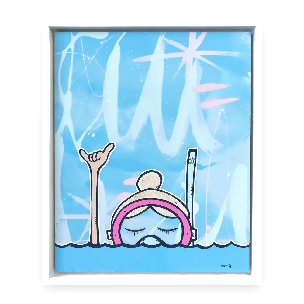 This Snorkel Girl was inspired by an existing original, but the piece had black hair and the snorkeler was not throwing a happy shaka up in the air. Simple additions and color changes can really personalize a piece.