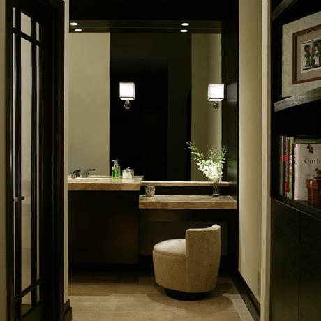 Mahogany Vanity Espress stained mahogany vanity, linen closet and dressing table in a satin lacquer.