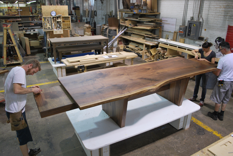 Bookmatched Walnut Extension Table Live edge solid black walnut extension table with book-matched top.