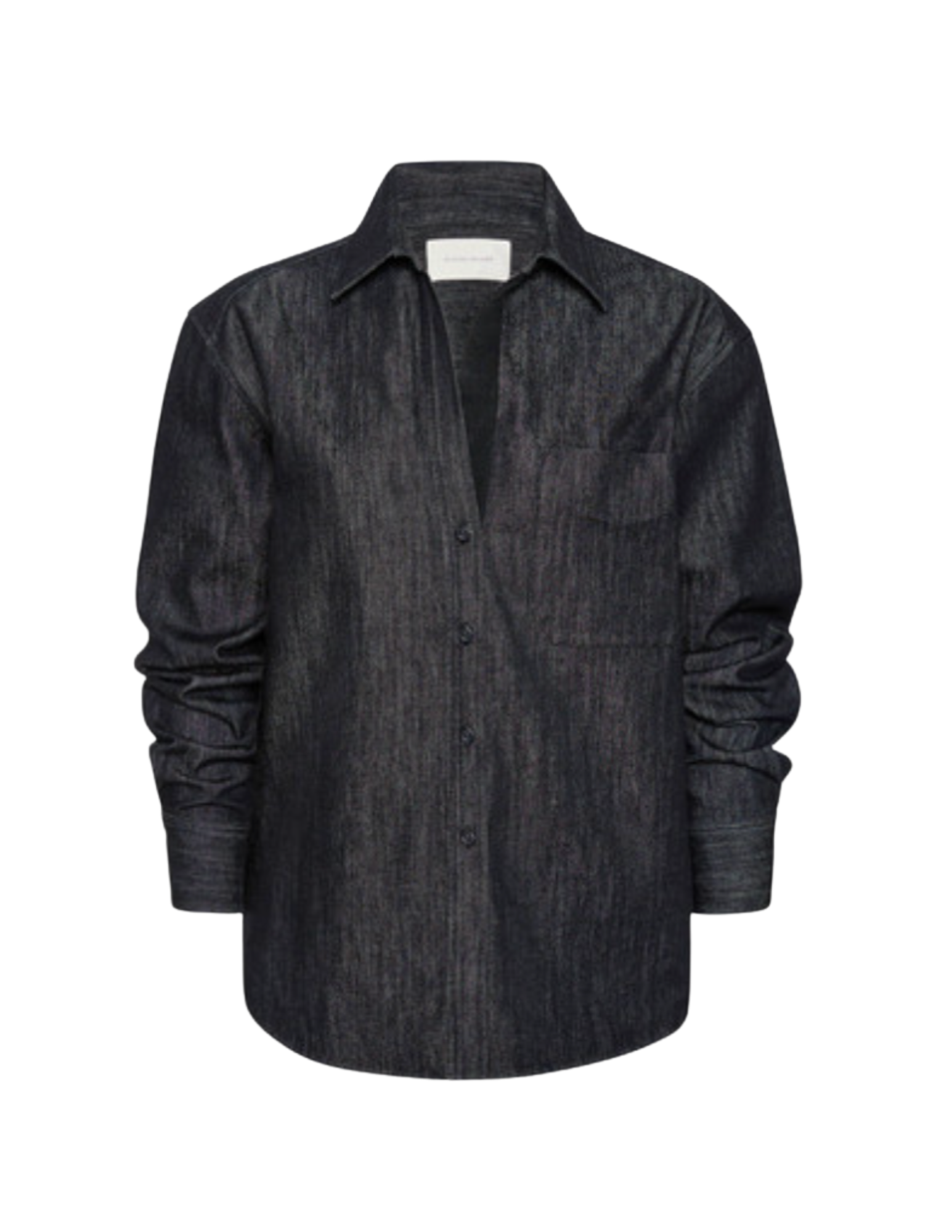Black long-sleeve button-up shirt with collar, displayed on a plain background.