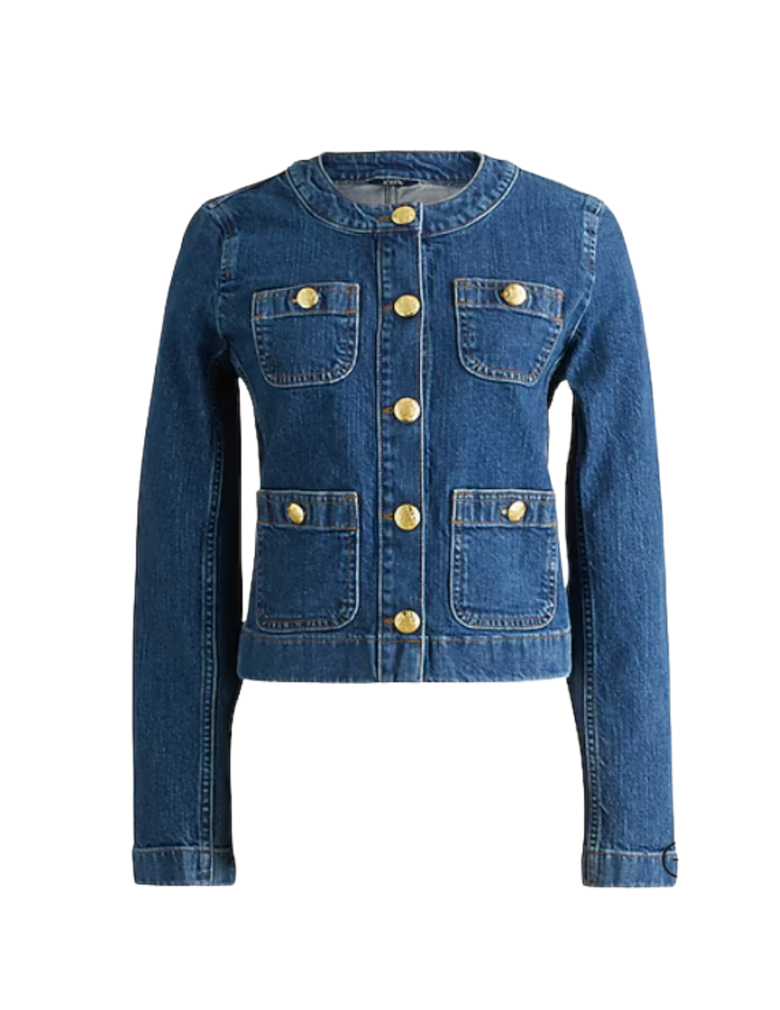 Blue denim jacket with gold buttons and multiple pockets.