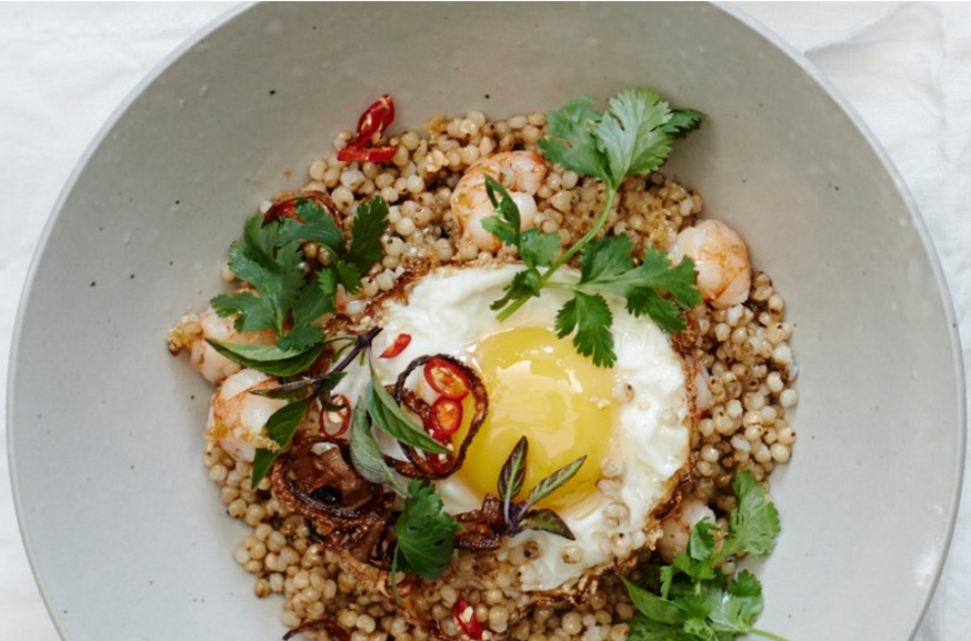 This recipe for Stir Fried Grains with Shrimp and Eggs contains toasted sesame oil and is incredibly healthy and quick to make.