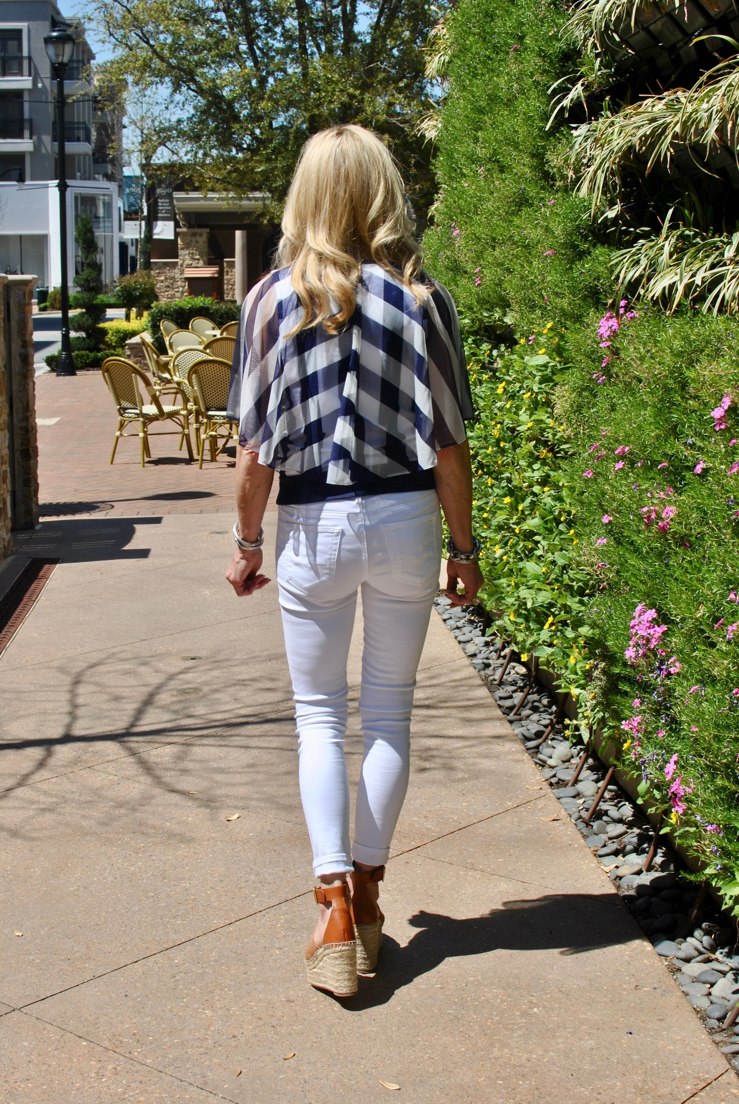 Anthropologie plaid top ( similar ), white AG jeans , Chloe espadrilles