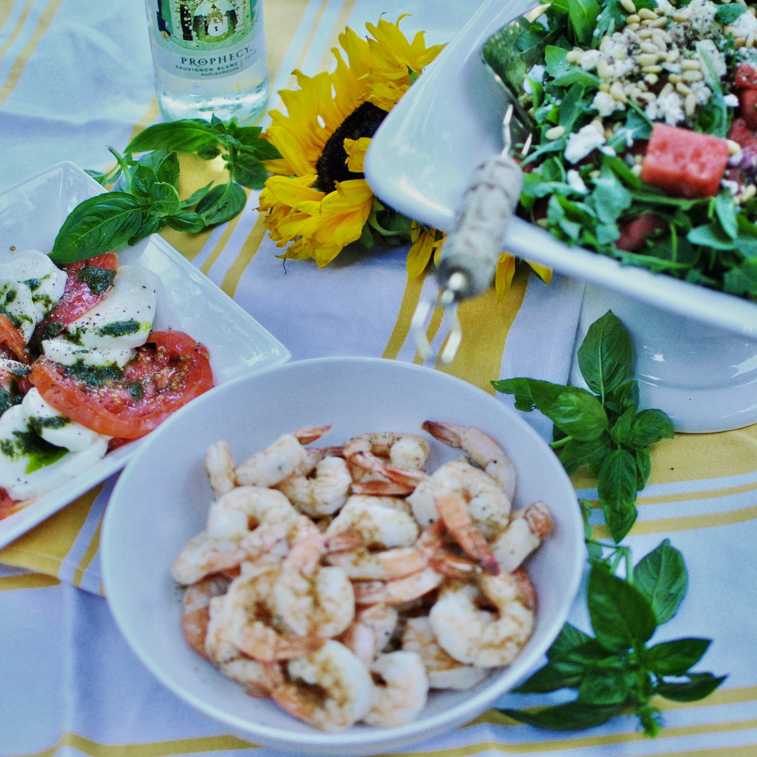 watermelon salad, roasted shrimp and capresé salad