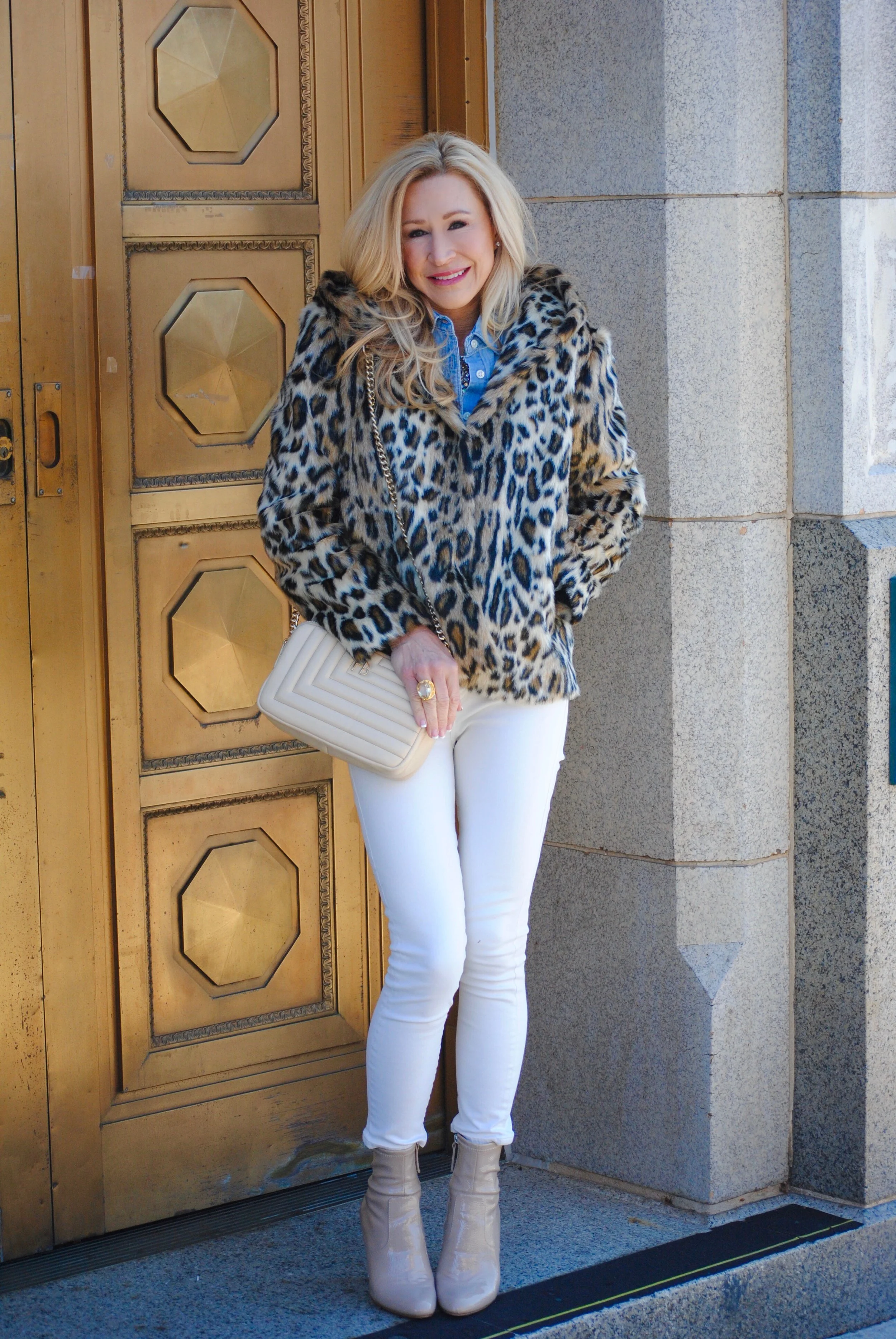 Leopard Jacket, Cream Jeans, Chambray Shirt