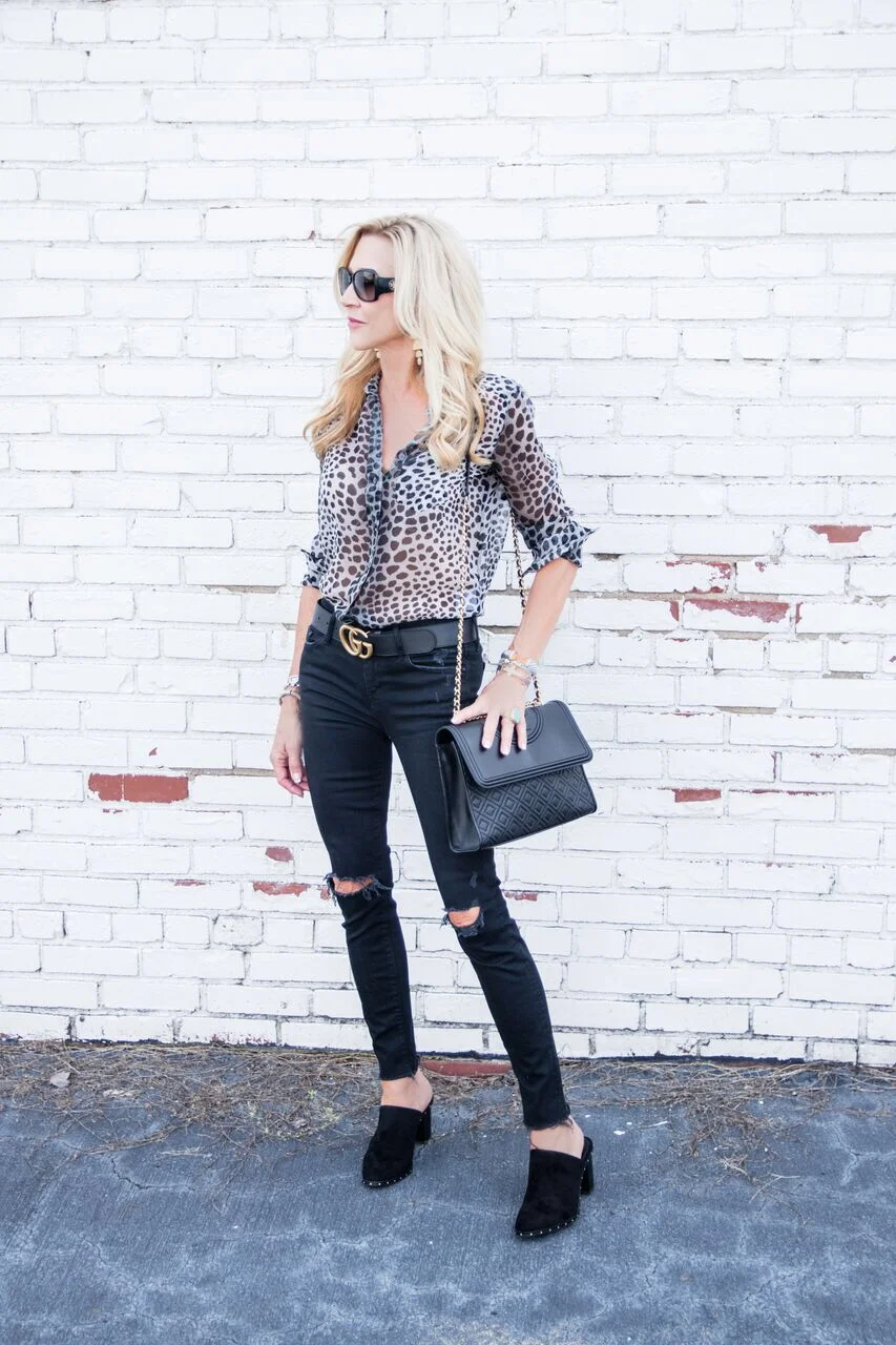 Equipment Blouse, Tory Burch Bag, Gucci Belt, Rebecca Minkoff Mules