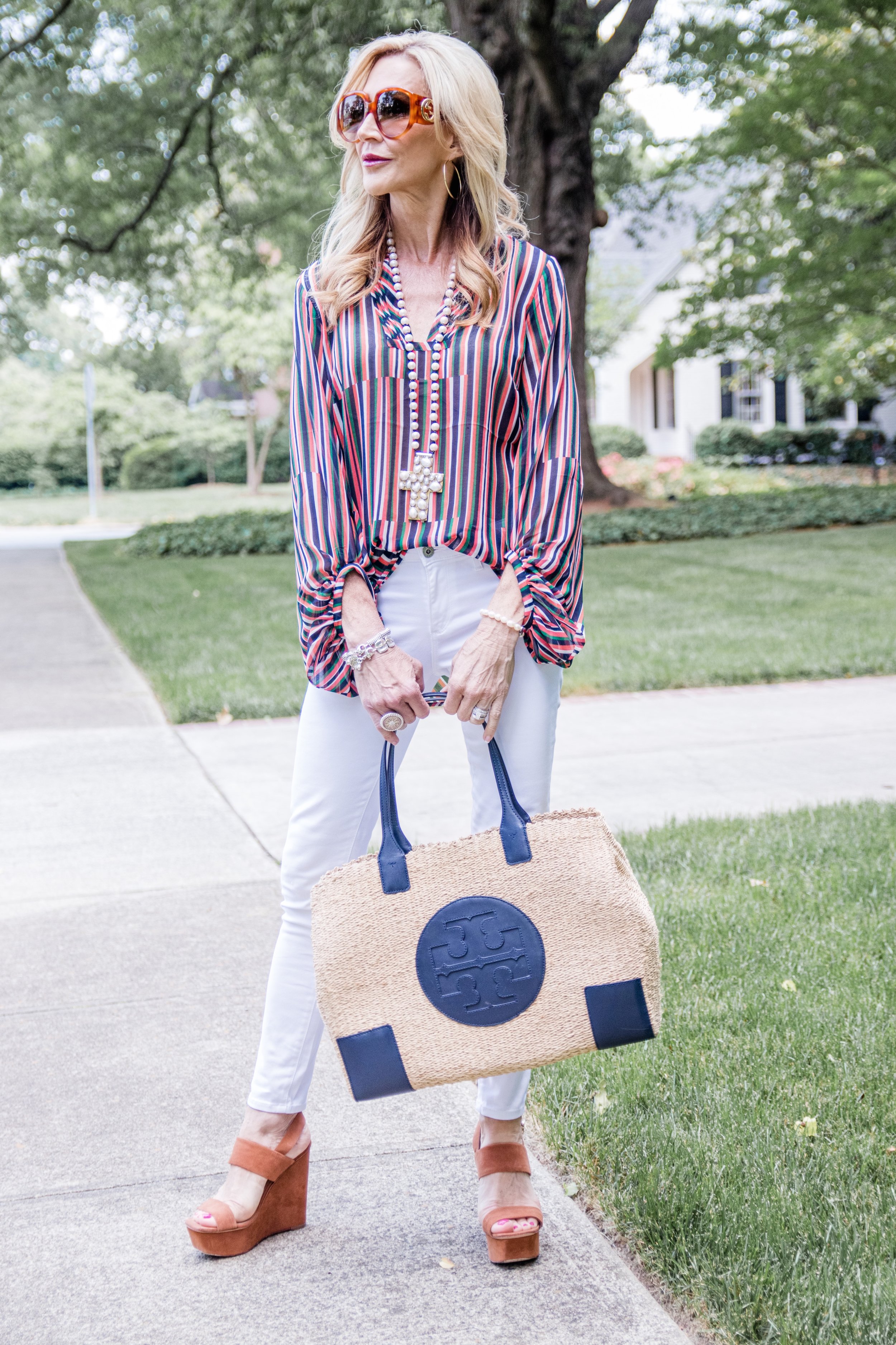 Two Cabi Tops, Two Tory Burch Bags, Styled with White Jeans — Crazy Blonde  Life