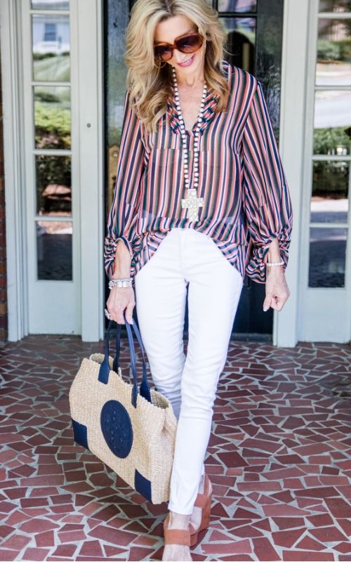 Two Cabi Tops, Two Tory Burch Bags, Styled with White Jeans — Crazy Blonde  Life